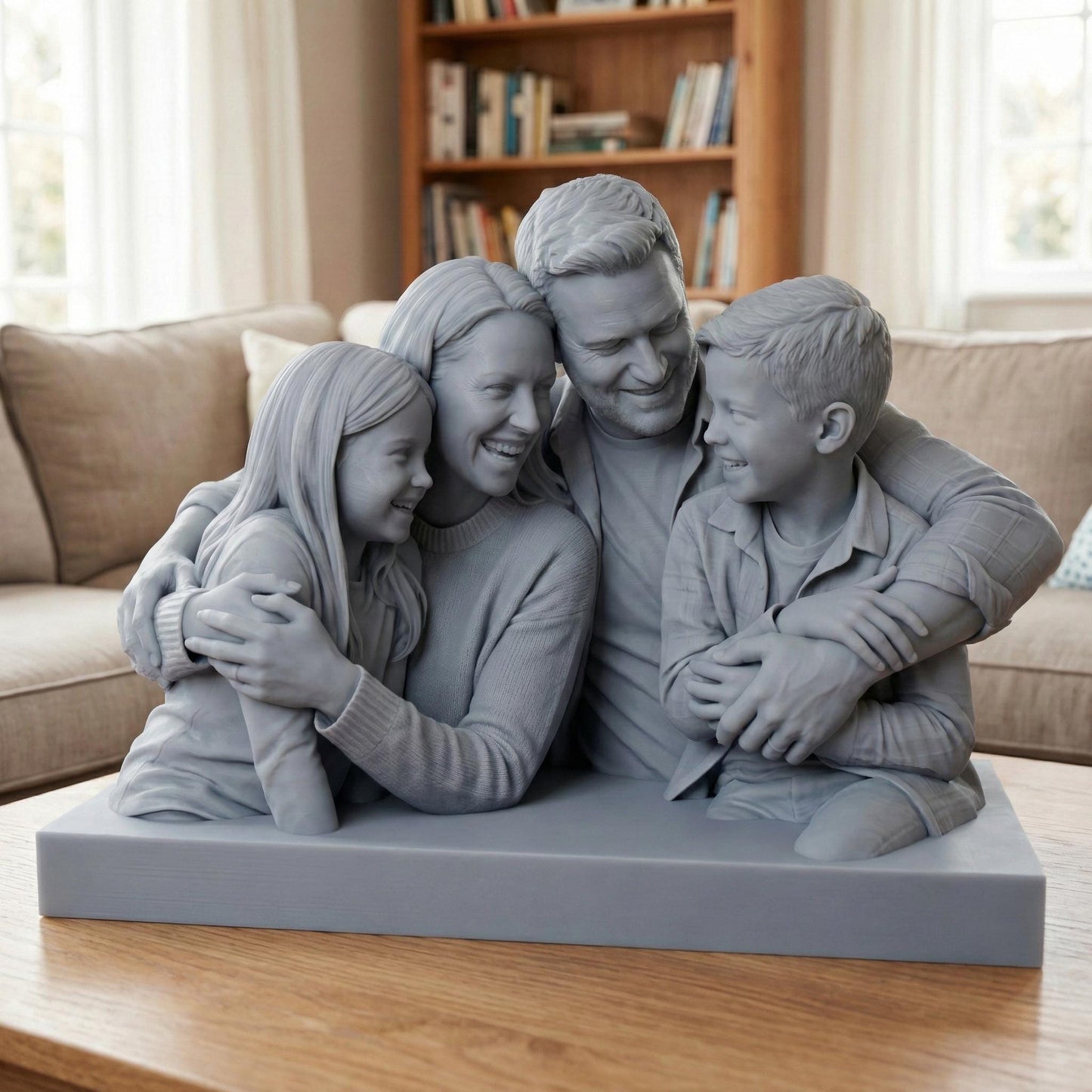 Highly detailed custom family portrait 3D model showing parents and children seated closely together with warm smiles and affectionate body language. The realistic sculpt captures facial expressions, clothing folds, and natural poses, designed as a resin or filament 3D print from customer photos. Ideal for personalized family keepsake decor, memorial art, anniversary gifts, or meaningful home display.