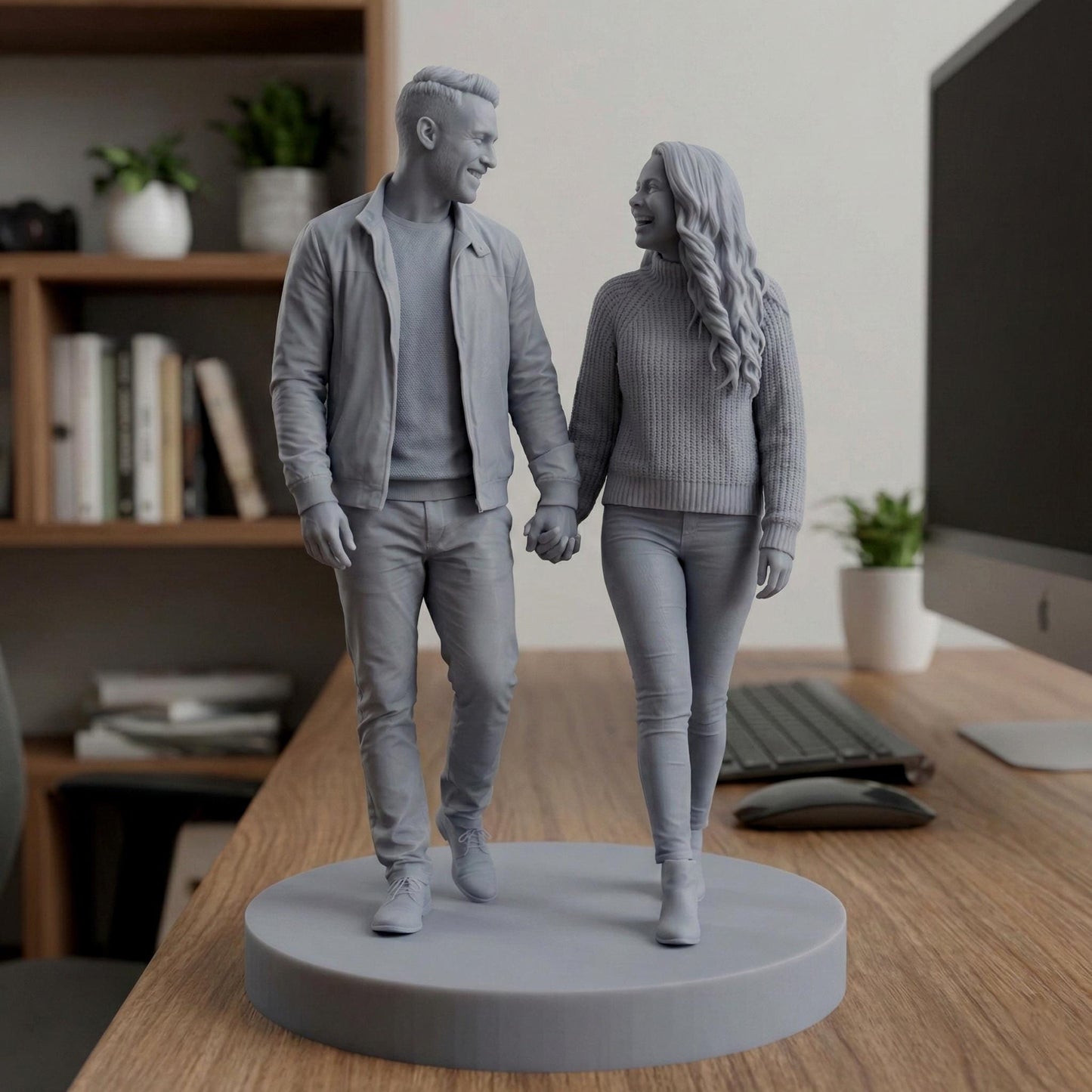 High-detail custom couple portrait 3D print model showing two partners in romantic poses such as embracing, dancing, or holding hands. The sculpt captures realistic facial features, flowing clothing, natural movement, and emotional connection, created from customer photos. Designed for resin 3D printing as a meaningful keepsake, anniversary gift, engagement memory, or personalized romantic home décor.