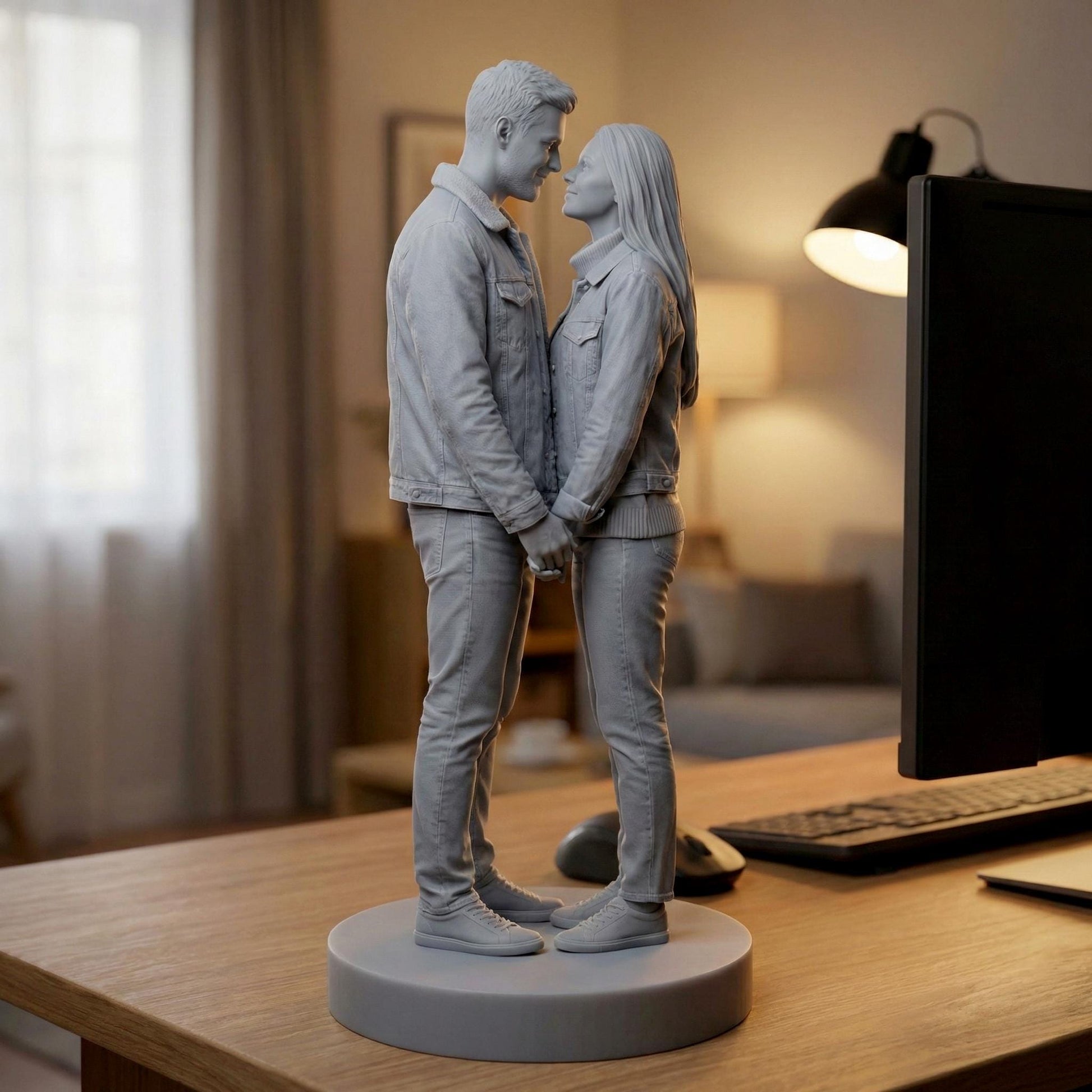 High-detail custom couple portrait 3D print model showing two partners in romantic poses such as embracing, dancing, or holding hands. The sculpt captures realistic facial features, flowing clothing, natural movement, and emotional connection, created from customer photos. Designed for resin 3D printing as a meaningful keepsake, anniversary gift, engagement memory, or personalized romantic home décor.