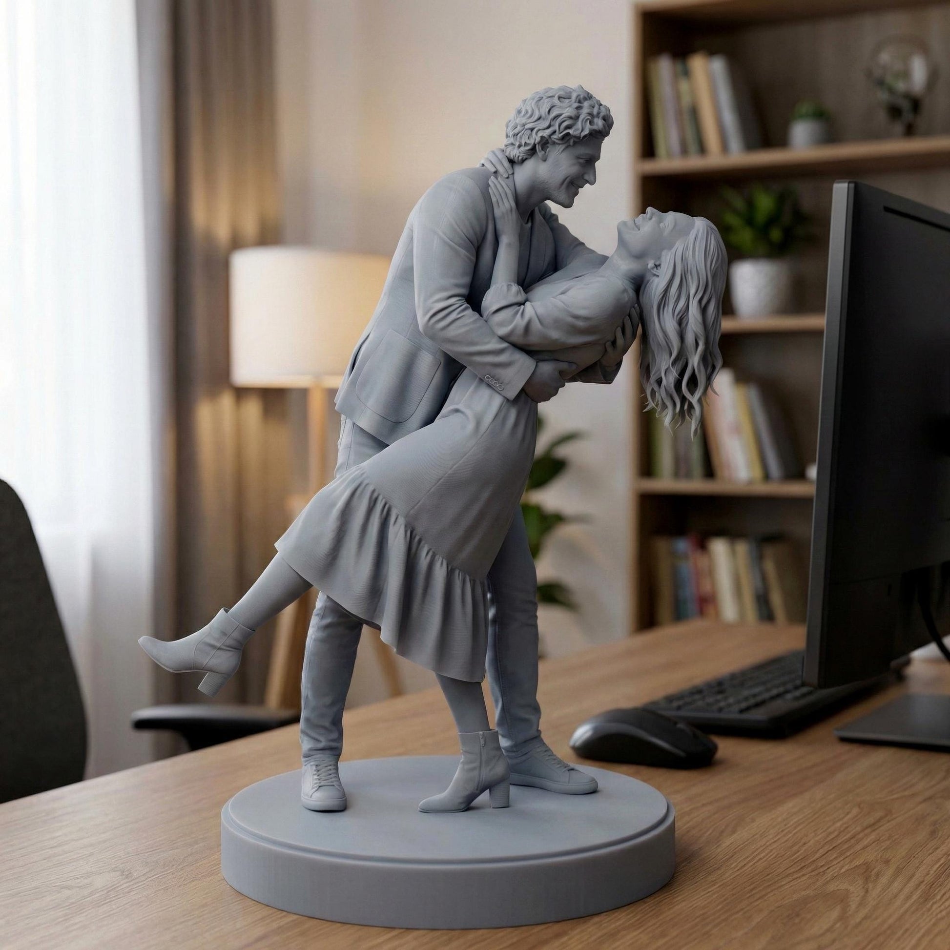 High-detail custom couple portrait 3D print model showing two partners in romantic poses such as embracing, dancing, or holding hands. The sculpt captures realistic facial features, flowing clothing, natural movement, and emotional connection, created from customer photos. Designed for resin 3D printing as a meaningful keepsake, anniversary gift, engagement memory, or personalized romantic home décor.