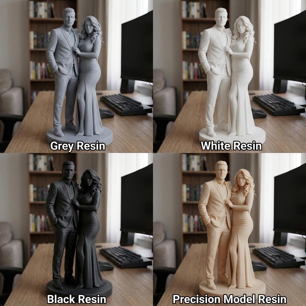 High-detail custom couple portrait 3D print model showing two partners in romantic poses such as embracing, dancing, or holding hands. The sculpt captures realistic facial features, flowing clothing, natural movement, and emotional connection, created from customer photos. Designed for resin 3D printing as a meaningful keepsake, anniversary gift, engagement memory, or personalized romantic home décor.