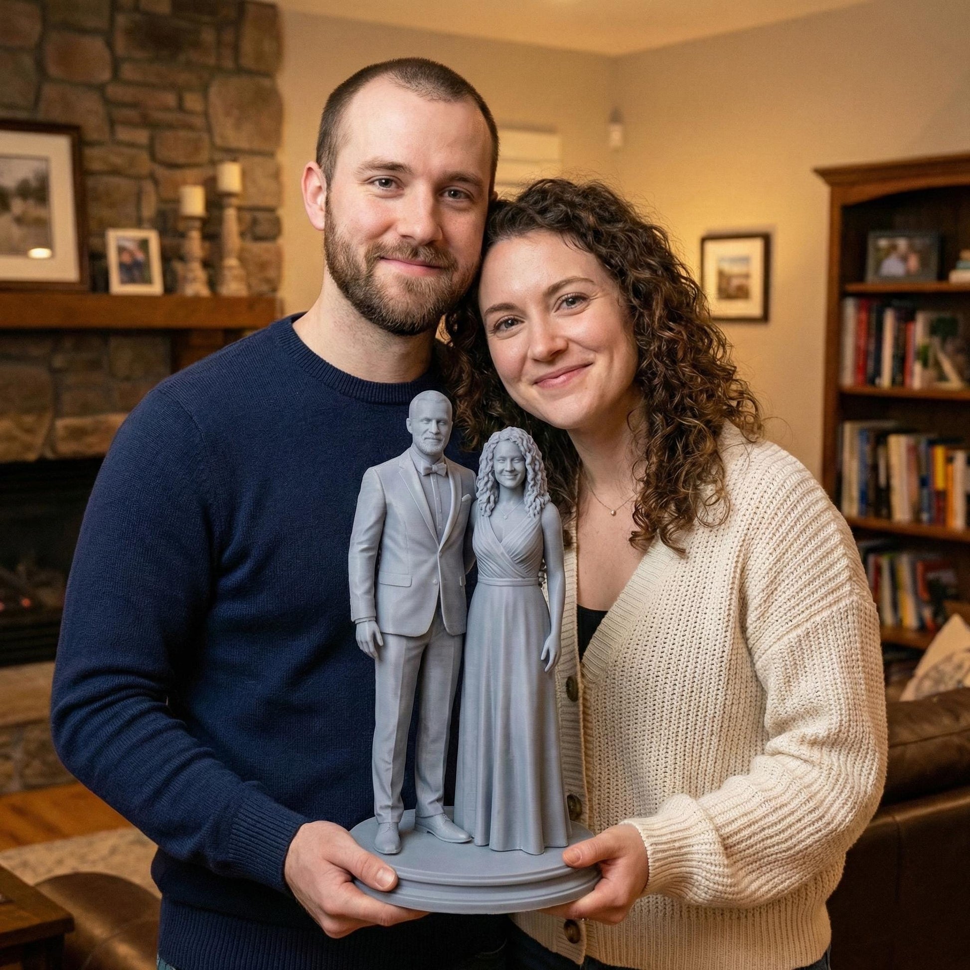 High-detail custom couple portrait 3D print model showing two partners in romantic poses such as embracing, dancing, or holding hands. The sculpt captures realistic facial features, flowing clothing, natural movement, and emotional connection, created from customer photos. Designed for resin 3D printing as a meaningful keepsake, anniversary gift, engagement memory, or personalized romantic home décor.