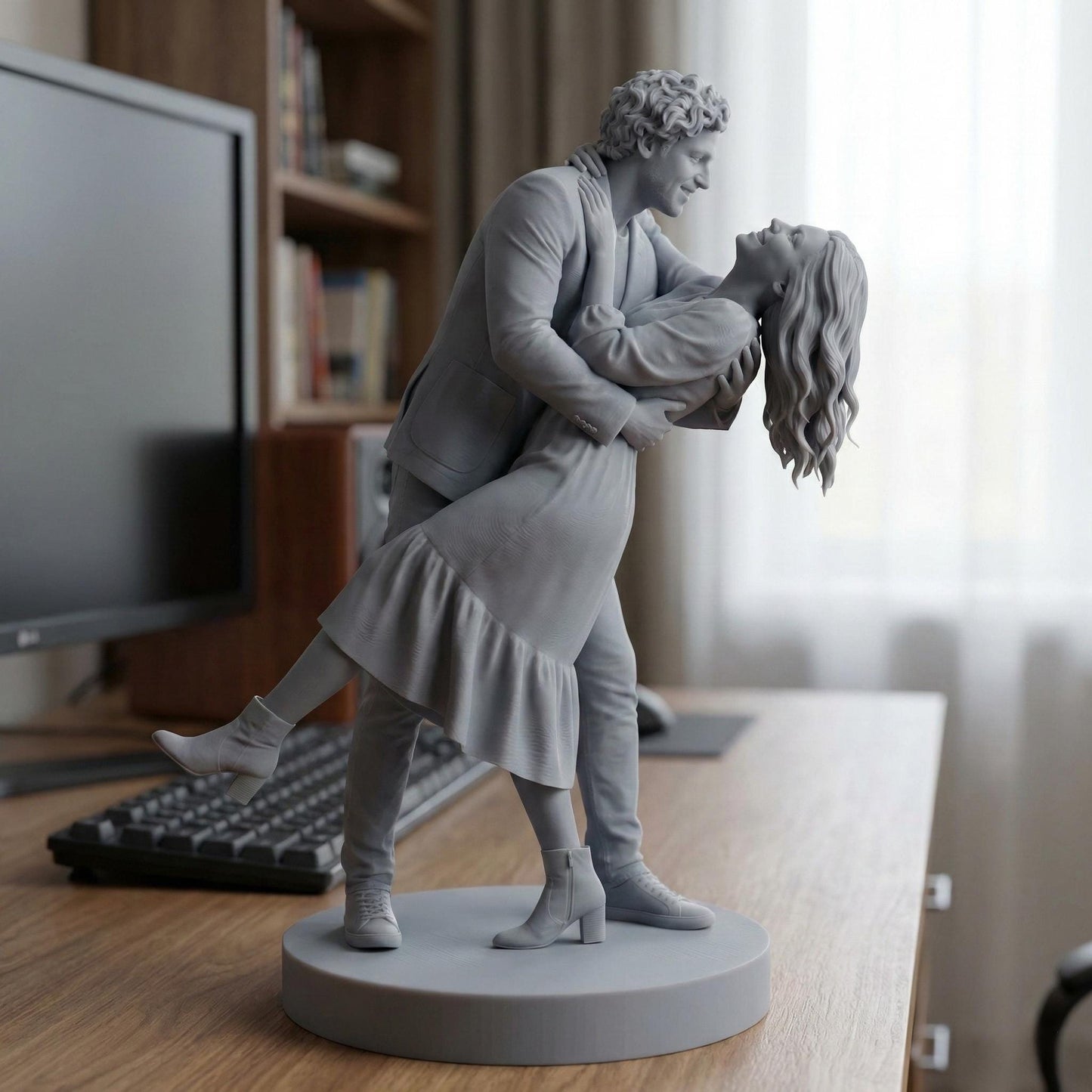 High-detail custom couple portrait 3D print model showing two partners in romantic poses such as embracing, dancing, or holding hands. The sculpt captures realistic facial features, flowing clothing, natural movement, and emotional connection, created from customer photos. Designed for resin 3D printing as a meaningful keepsake, anniversary gift, engagement memory, or personalized romantic home décor.