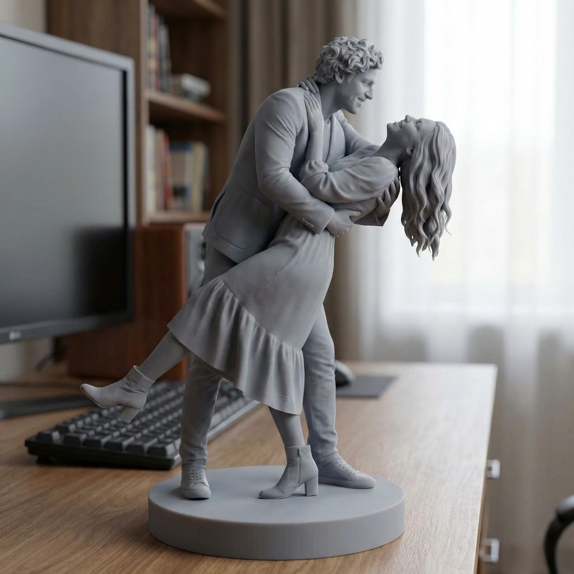 High-detail custom couple portrait 3D print model showing two partners in romantic poses such as embracing, dancing, or holding hands. The sculpt captures realistic facial features, flowing clothing, natural movement, and emotional connection, created from customer photos. Designed for resin 3D printing as a meaningful keepsake, anniversary gift, engagement memory, or personalized romantic home décor.