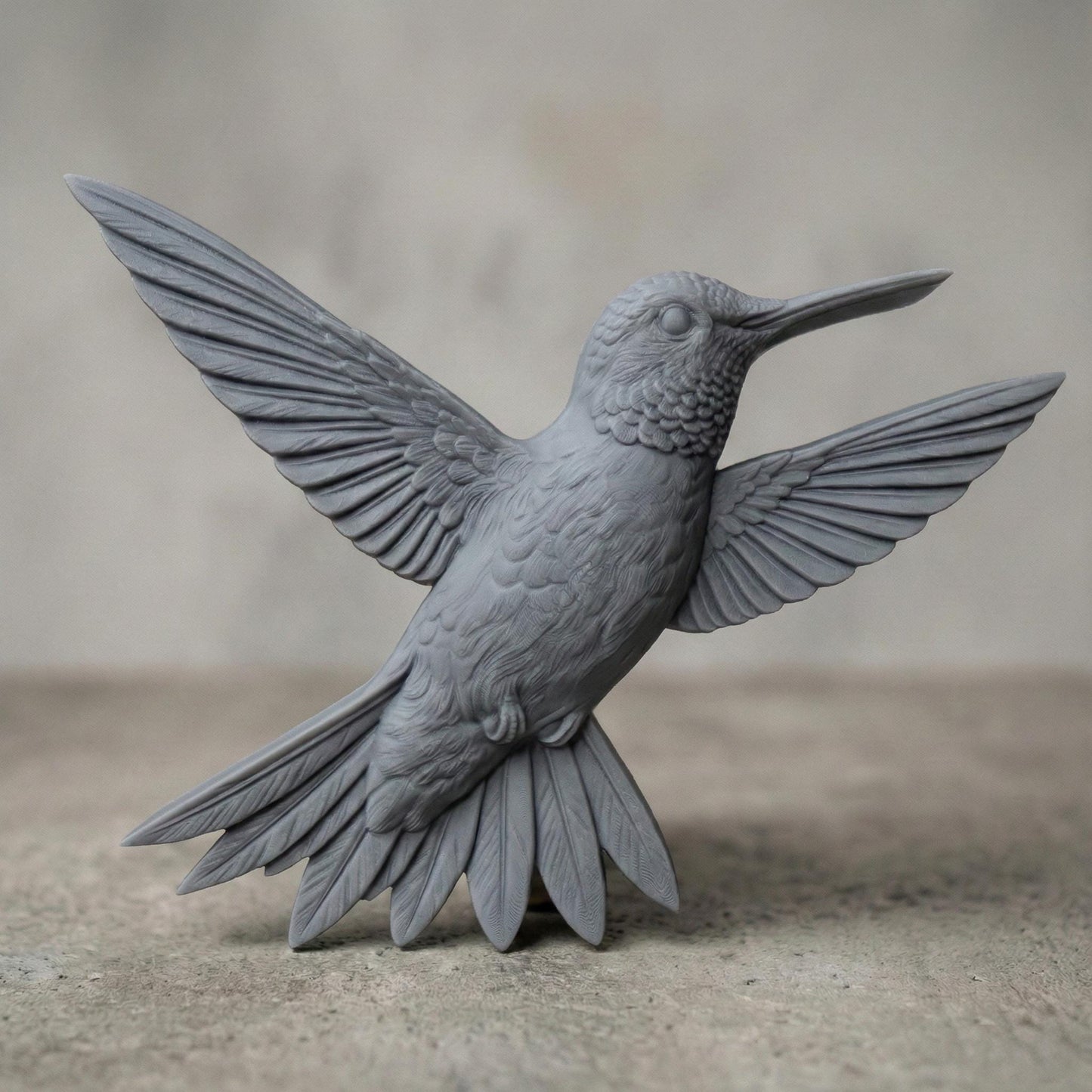 Detailed hummingbird bas relief STL design featuring a lifelike bird in mid-flight with fully extended wings, layered feathers, and a long pointed beak. The carving showcases intricate feather textures and natural flow, ideal for CNC wood carving, 3D printing, or wall-mounted nature art. Designed for decorative panels, wildlife décor, and elegant handcrafted interiors.