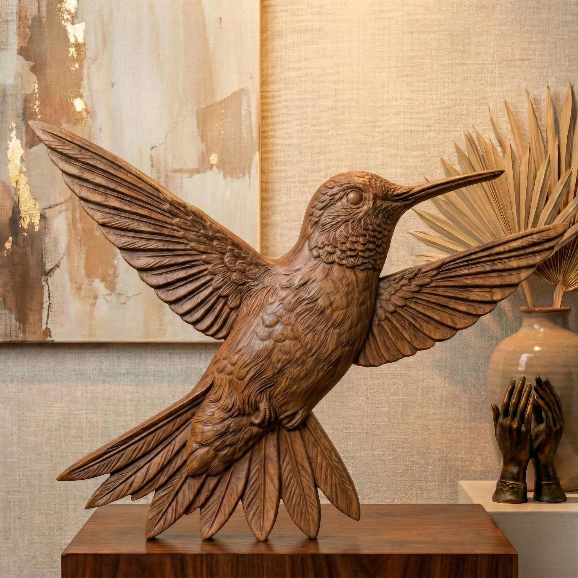 Detailed hummingbird bas relief STL design featuring a lifelike bird in mid-flight with fully extended wings, layered feathers, and a long pointed beak. The carving showcases intricate feather textures and natural flow, ideal for CNC wood carving, 3D printing, or wall-mounted nature art. Designed for decorative panels, wildlife décor, and elegant handcrafted interiors.