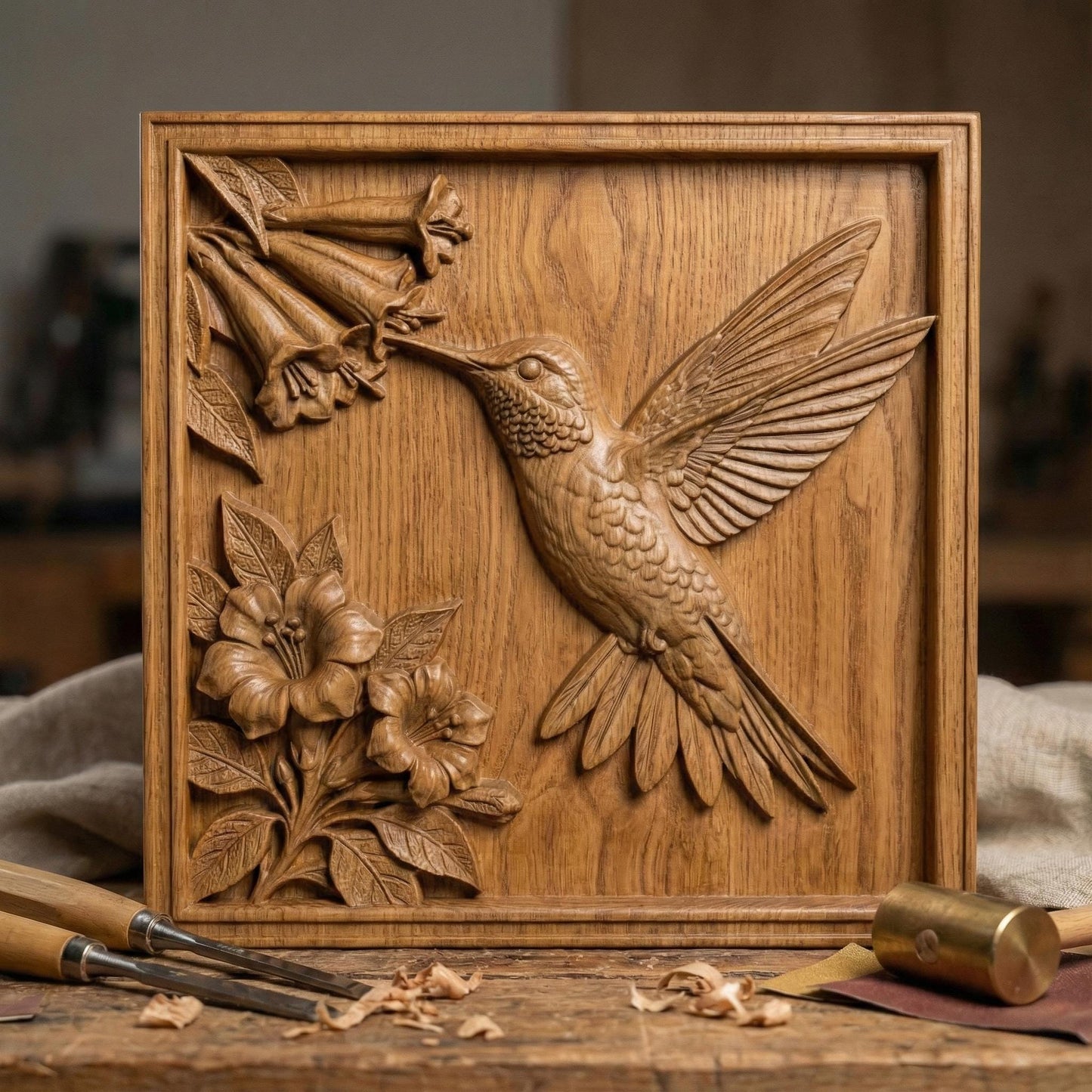 Intricate hummingbird and flower bas relief STL featuring a hummingbird in flight reaching toward trumpet-shaped blossoms, framed within a decorative rectangular border. The design includes layered feathers, detailed floral petals, and carved leaves, ideal for CNC wood carving, 3D printing, or framed wall art panels. Perfect for botanical décor, nature-inspired interiors, and elegant handcrafted relief projects.