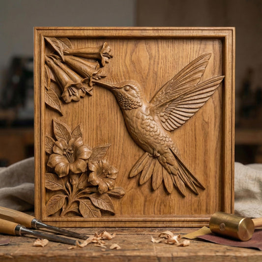 Intricate hummingbird and flower bas relief STL featuring a hummingbird in flight reaching toward trumpet-shaped blossoms, framed within a decorative rectangular border. The design includes layered feathers, detailed floral petals, and carved leaves, ideal for CNC wood carving, 3D printing, or framed wall art panels. Perfect for botanical décor, nature-inspired interiors, and elegant handcrafted relief projects.