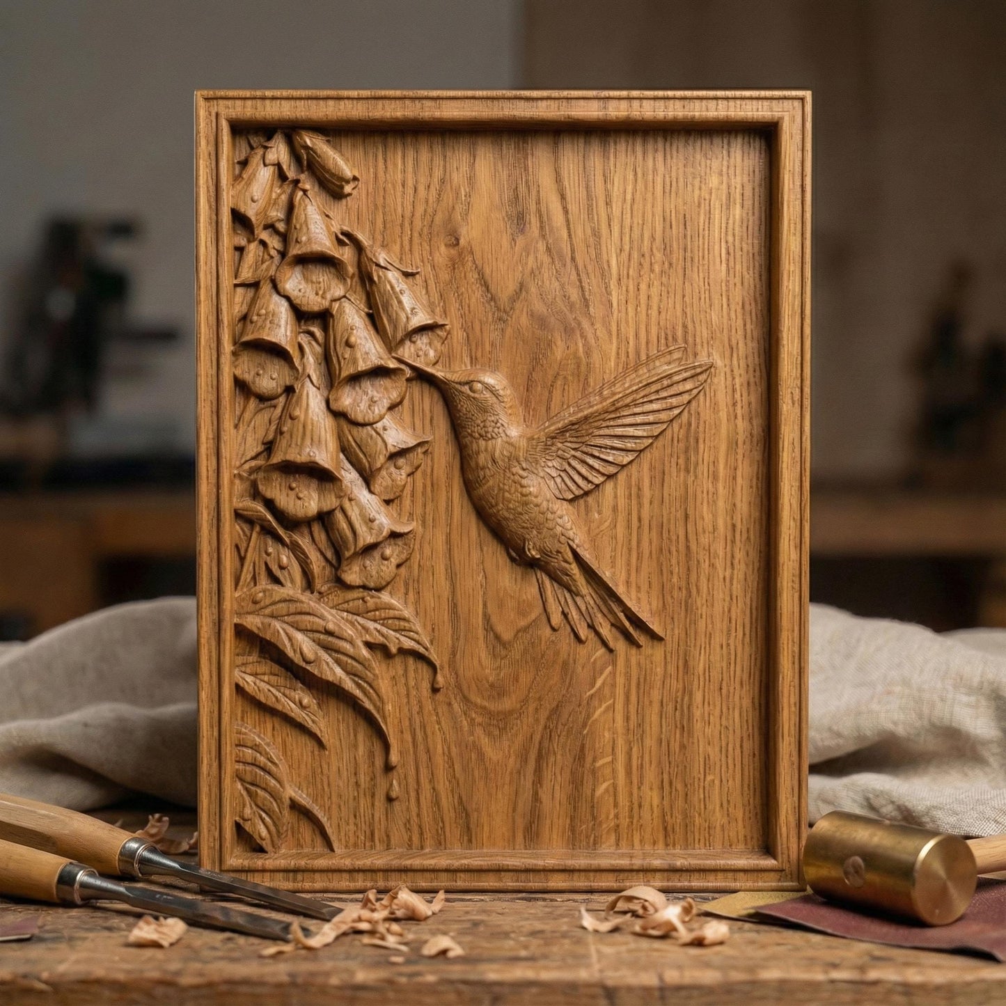Elegant hummingbird bas relief STL depicting a hummingbird in flight feeding from cascading bell-shaped flowers, carved within a refined rectangular frame. The design features flowing leaves, delicate floral textures, and detailed feathers set against a smooth wood-grain background. Ideal for CNC wood carving, 3D printing, or framed wall art panels inspired by botanical and wildlife themes.