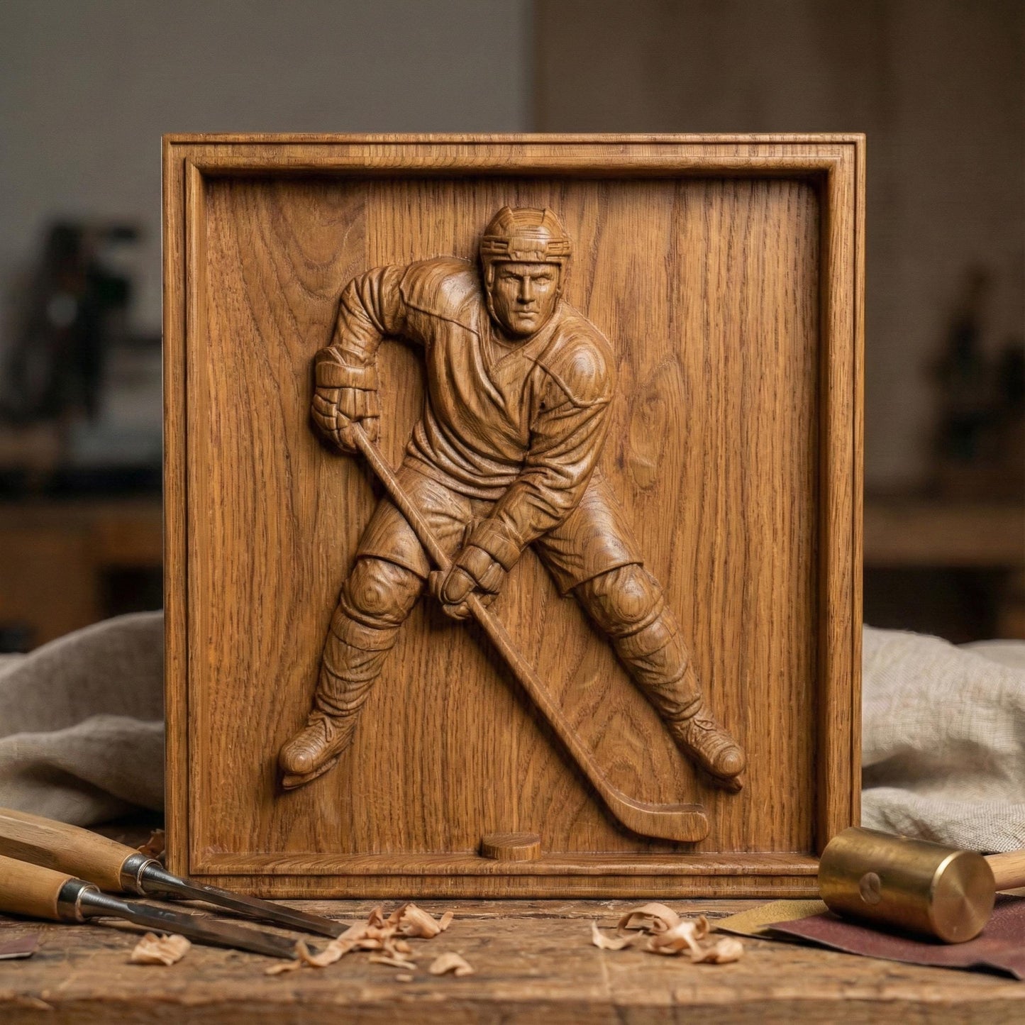 Detailed bas-relief carving of an ice hockey player in a low, wide stick-handling stance, controlling the puck with both hands on the stick. The sculpture captures focused expression, protective helmet, padded uniform, bent knees, and forward-leaning posture, emphasizing balance, control, and readiness. Designed as deep-relief sports wall art ideal for CNC carving, router engraving, and 3D printing.