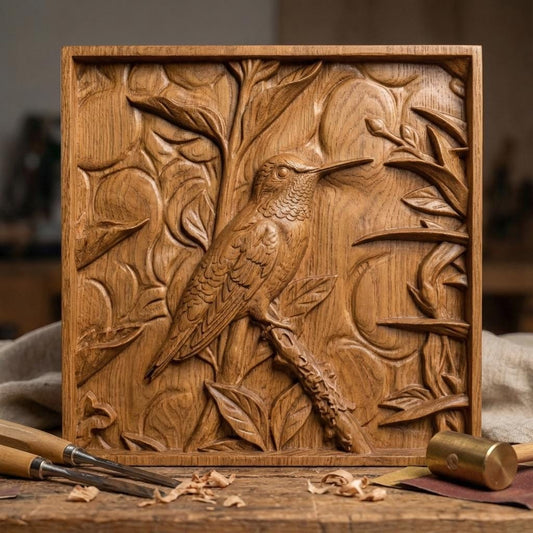 Elegant hummingbird bas relief STL depicting a hummingbird in flight feeding from cascading bell-shaped flowers, carved within a refined rectangular frame. The design features flowing leaves, delicate floral textures, and detailed feathers set against a smooth wood-grain background. Ideal for CNC wood carving, 3D printing, or framed wall art panels inspired by botanical and wildlife themes.