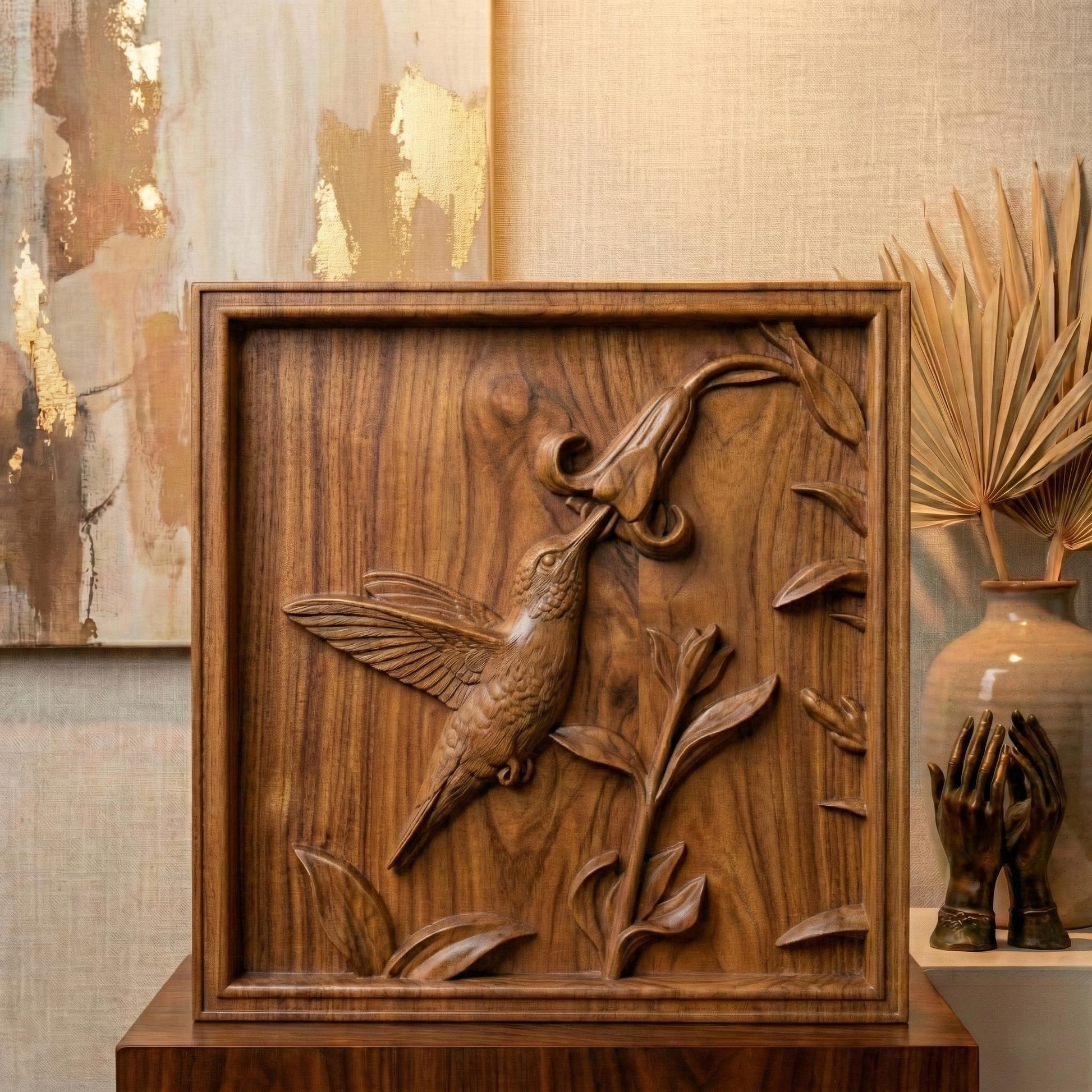 Elegant hummingbird bas relief STL depicting a hummingbird in flight feeding from cascading bell-shaped flowers, carved within a refined rectangular frame. The design features flowing leaves, delicate floral textures, and detailed feathers set against a smooth wood-grain background. Ideal for CNC wood carving, 3D printing, or framed wall art panels inspired by botanical and wildlife themes.