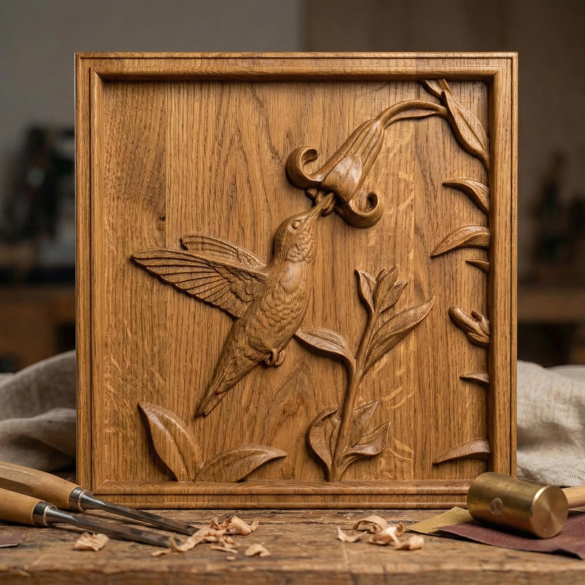 Elegant hummingbird bas relief STL depicting a hummingbird in flight feeding from cascading bell-shaped flowers, carved within a refined rectangular frame. The design features flowing leaves, delicate floral textures, and detailed feathers set against a smooth wood-grain background. Ideal for CNC wood carving, 3D printing, or framed wall art panels inspired by botanical and wildlife themes.