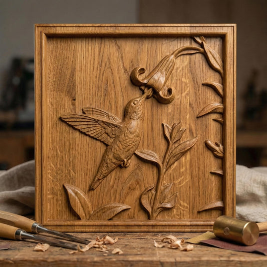 Elegant hummingbird bas relief STL depicting a hummingbird in flight feeding from cascading bell-shaped flowers, carved within a refined rectangular frame. The design features flowing leaves, delicate floral textures, and detailed feathers set against a smooth wood-grain background. Ideal for CNC wood carving, 3D printing, or framed wall art panels inspired by botanical and wildlife themes.