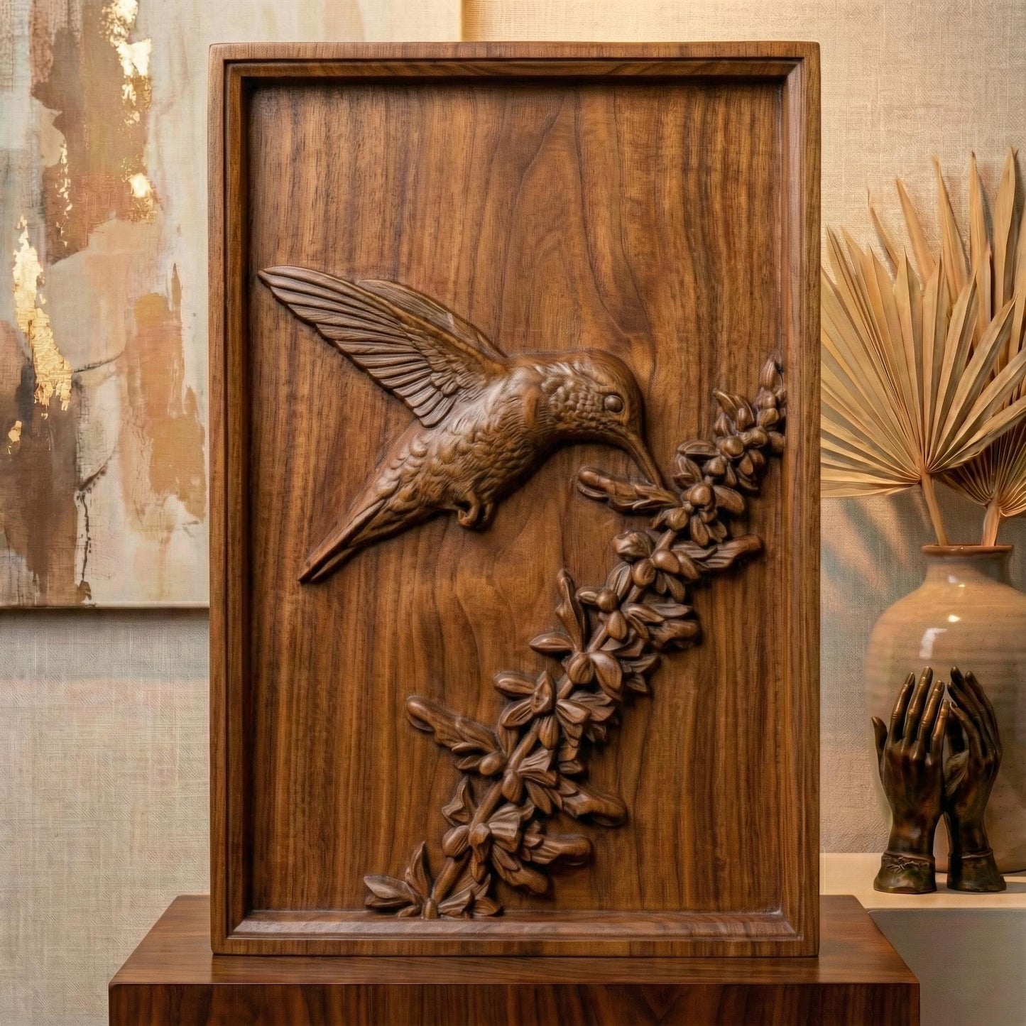 Elegant hummingbird bas relief STL depicting a hummingbird in flight feeding from cascading bell-shaped flowers, carved within a refined rectangular frame. The design features flowing leaves, delicate floral textures, and detailed feathers set against a smooth wood-grain background. Ideal for CNC wood carving, 3D printing, or framed wall art panels inspired by botanical and wildlife themes.
