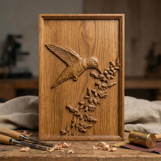 Elegant hummingbird bas relief STL depicting a hummingbird in flight feeding from cascading bell-shaped flowers, carved within a refined rectangular frame. The design features flowing leaves, delicate floral textures, and detailed feathers set against a smooth wood-grain background. Ideal for CNC wood carving, 3D printing, or framed wall art panels inspired by botanical and wildlife themes.