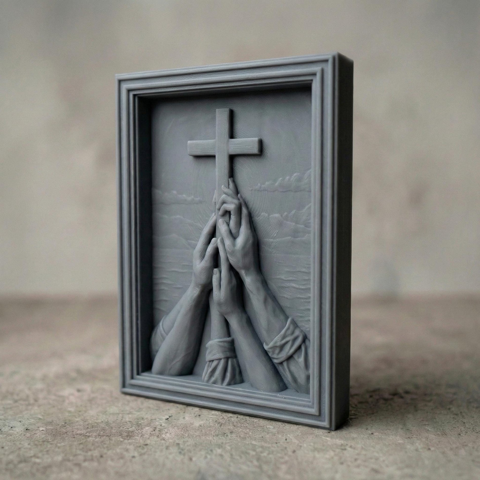 Detailed wooden bas-relief carving of multiple hands reaching upward in prayer toward a large Christian cross, set against a serene landscape with mountains and clouds. The composition symbolizes faith, unity, hope, and devotion. Deeply sculpted textures highlight realistic anatomy, flowing sleeves, and layered depth, framed in a classic rectangular border, ideal for spiritual wall décor and sacred space decoration.