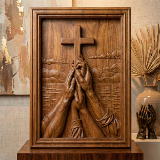 Detailed wooden bas-relief carving of multiple hands reaching upward in prayer toward a large Christian cross, set against a serene landscape with mountains and clouds. The composition symbolizes faith, unity, hope, and devotion. Deeply sculpted textures highlight realistic anatomy, flowing sleeves, and layered depth, framed in a classic rectangular border, ideal for spiritual wall décor and sacred space decoration.