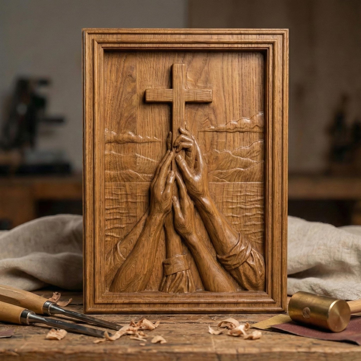 Detailed wooden bas-relief carving of multiple hands reaching upward in prayer toward a large Christian cross, set against a serene landscape with mountains and clouds. The composition symbolizes faith, unity, hope, and devotion. Deeply sculpted textures highlight realistic anatomy, flowing sleeves, and layered depth, framed in a classic rectangular border, ideal for spiritual wall décor and sacred space decoration.