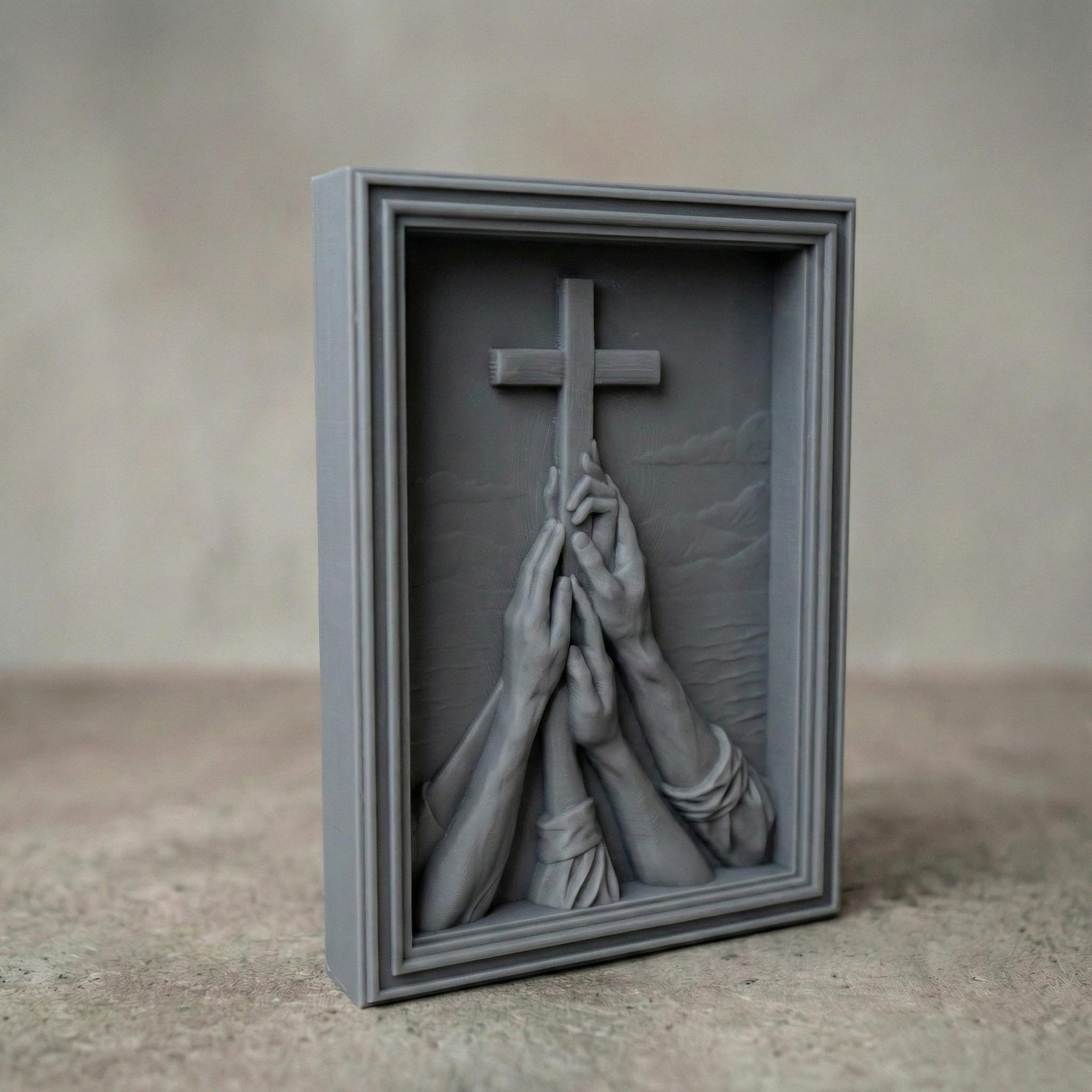Detailed wooden bas-relief carving of multiple hands reaching upward in prayer toward a large Christian cross, set against a serene landscape with mountains and clouds. The composition symbolizes faith, unity, hope, and devotion. Deeply sculpted textures highlight realistic anatomy, flowing sleeves, and layered depth, framed in a classic rectangular border, ideal for spiritual wall décor and sacred space decoration.