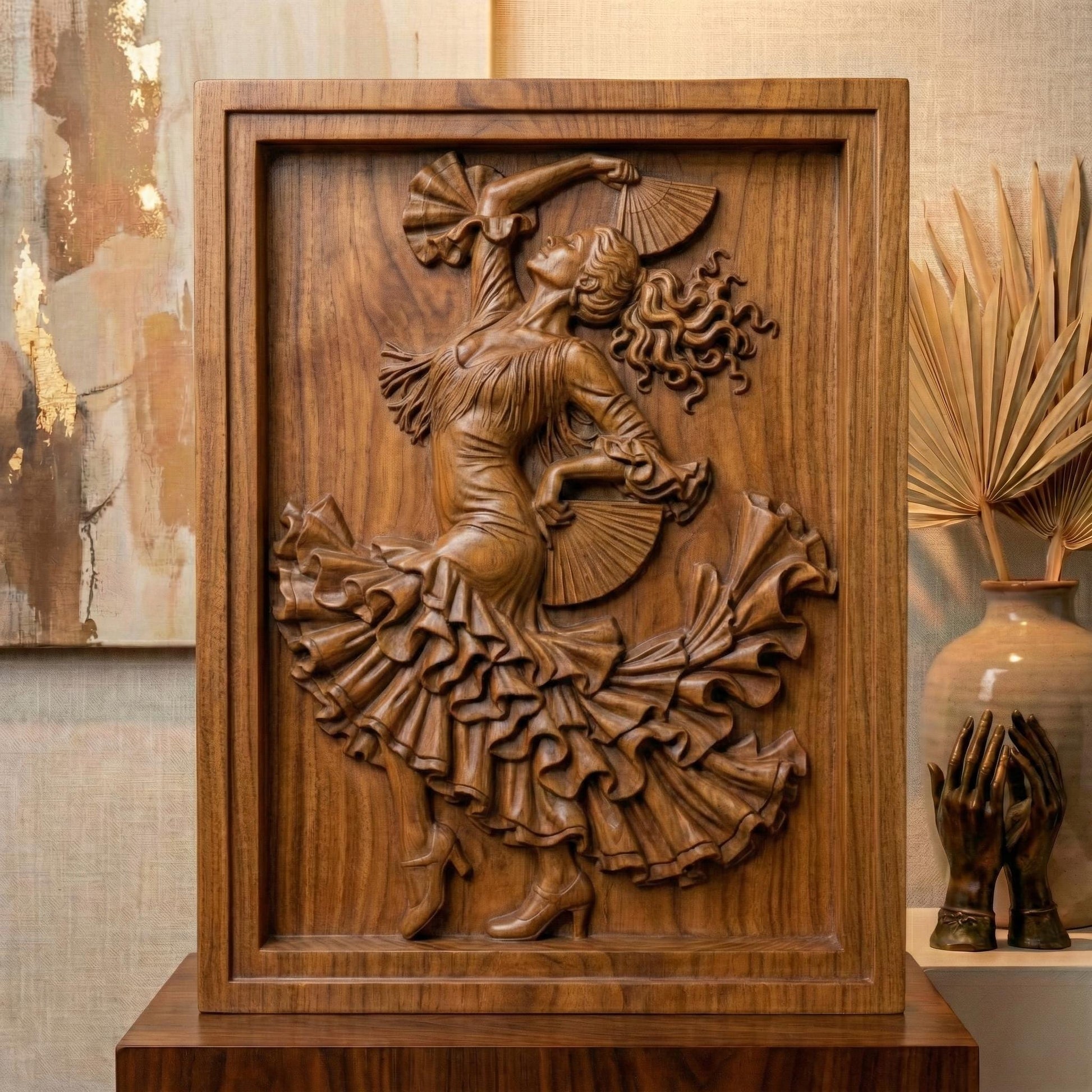 Intricately carved flamenco dancer relief showing a graceful Spanish dancer in mid-motion, holding folding fans with flowing ruffled dress and dynamic hair movement. Classical bas-relief wall art designed for CNC carving, 3D printing, or wood engraving, featuring deep shadows, elegant contours, and expressive dance posture inspired by traditional flamenco performance.