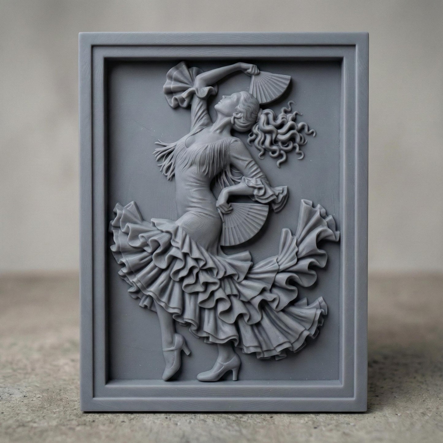Intricately carved flamenco dancer relief showing a graceful Spanish dancer in mid-motion, holding folding fans with flowing ruffled dress and dynamic hair movement. Classical bas-relief wall art designed for CNC carving, 3D printing, or wood engraving, featuring deep shadows, elegant contours, and expressive dance posture inspired by traditional flamenco performance.