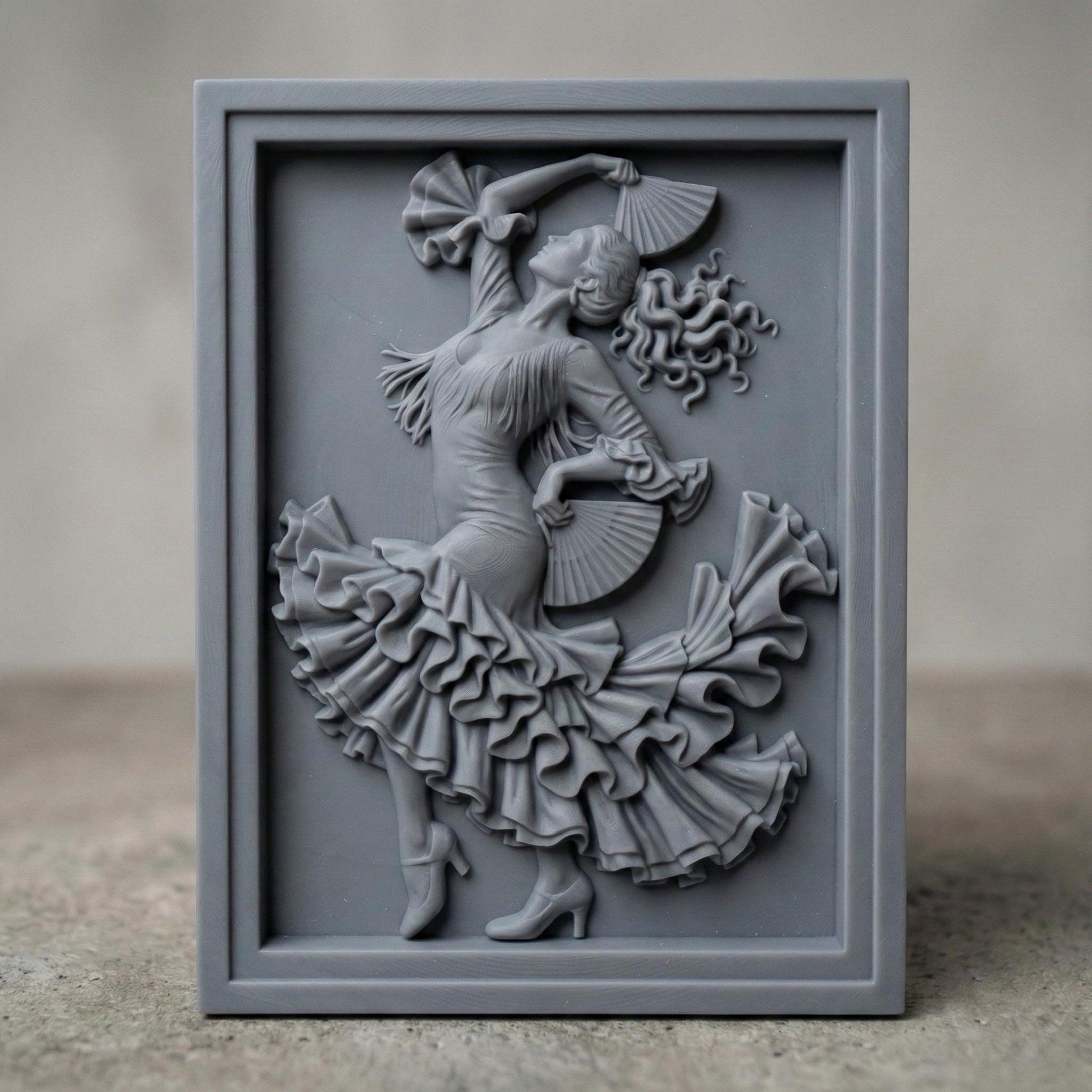 Intricately carved flamenco dancer relief showing a graceful Spanish dancer in mid-motion, holding folding fans with flowing ruffled dress and dynamic hair movement. Classical bas-relief wall art designed for CNC carving, 3D printing, or wood engraving, featuring deep shadows, elegant contours, and expressive dance posture inspired by traditional flamenco performance.