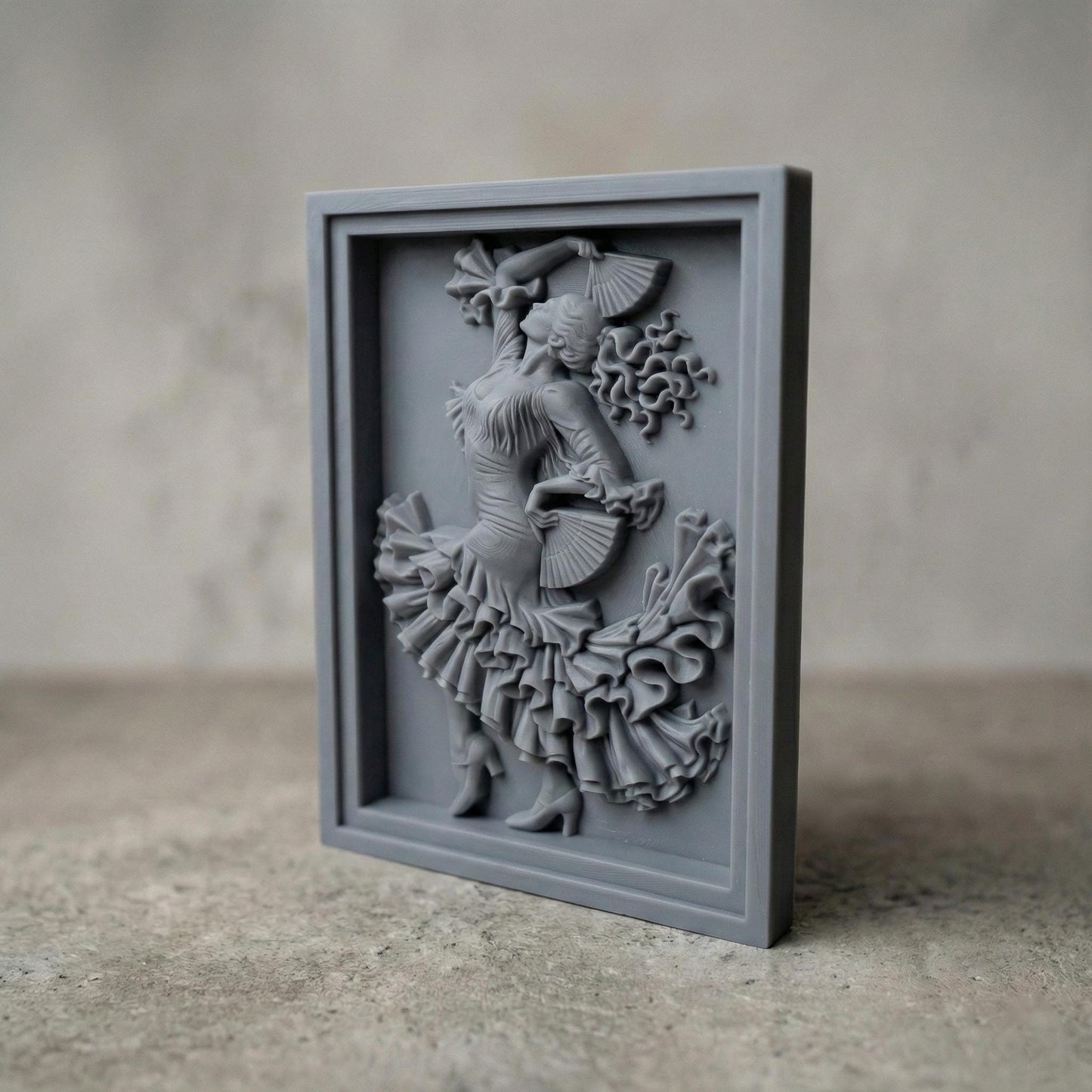 Intricately carved flamenco dancer relief showing a graceful Spanish dancer in mid-motion, holding folding fans with flowing ruffled dress and dynamic hair movement. Classical bas-relief wall art designed for CNC carving, 3D printing, or wood engraving, featuring deep shadows, elegant contours, and expressive dance posture inspired by traditional flamenco performance.