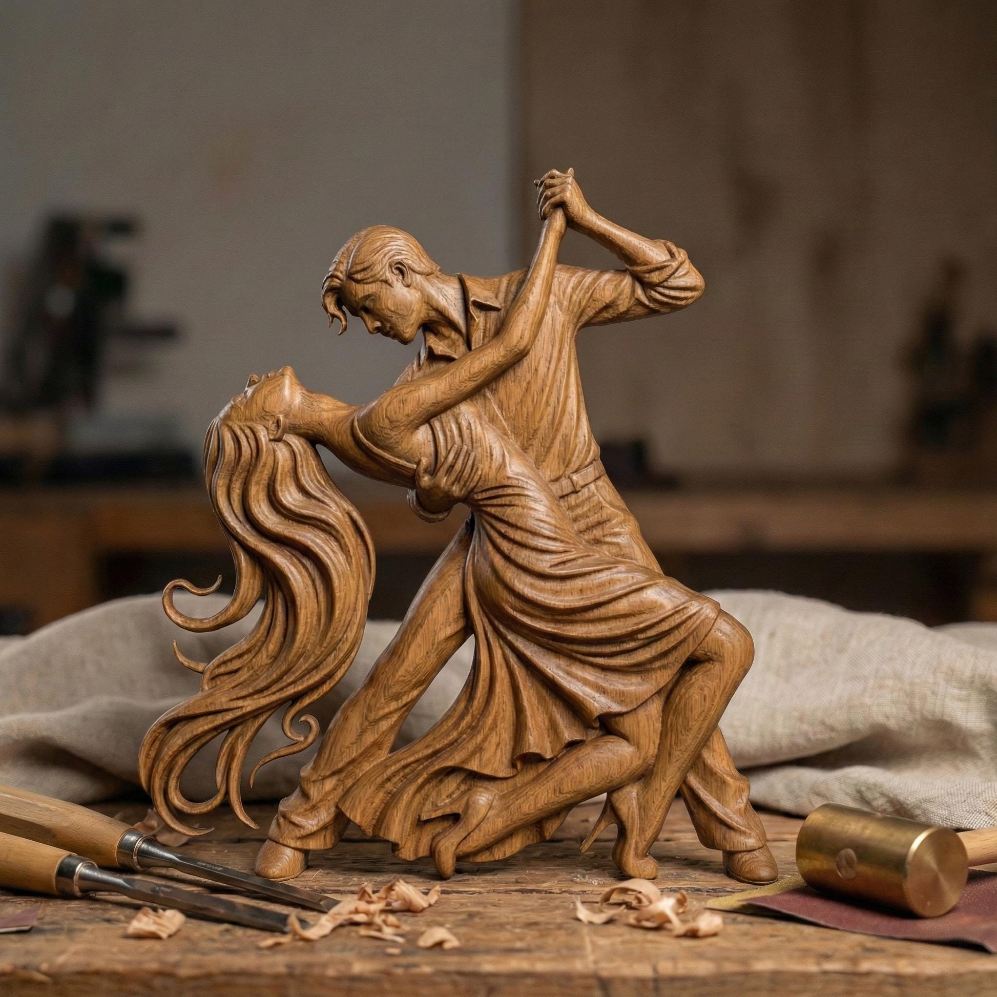 Elegant tango dance couple bas-relief depicting a passionate ballroom pose with flowing dress, intertwined movement, and expressive body language. Detailed sculpted relief designed for CNC carving, 3D printing, or wood engraving, featuring deep contours, smooth curves, and dramatic motion ideal for decorative wall art and artistic relief projects.