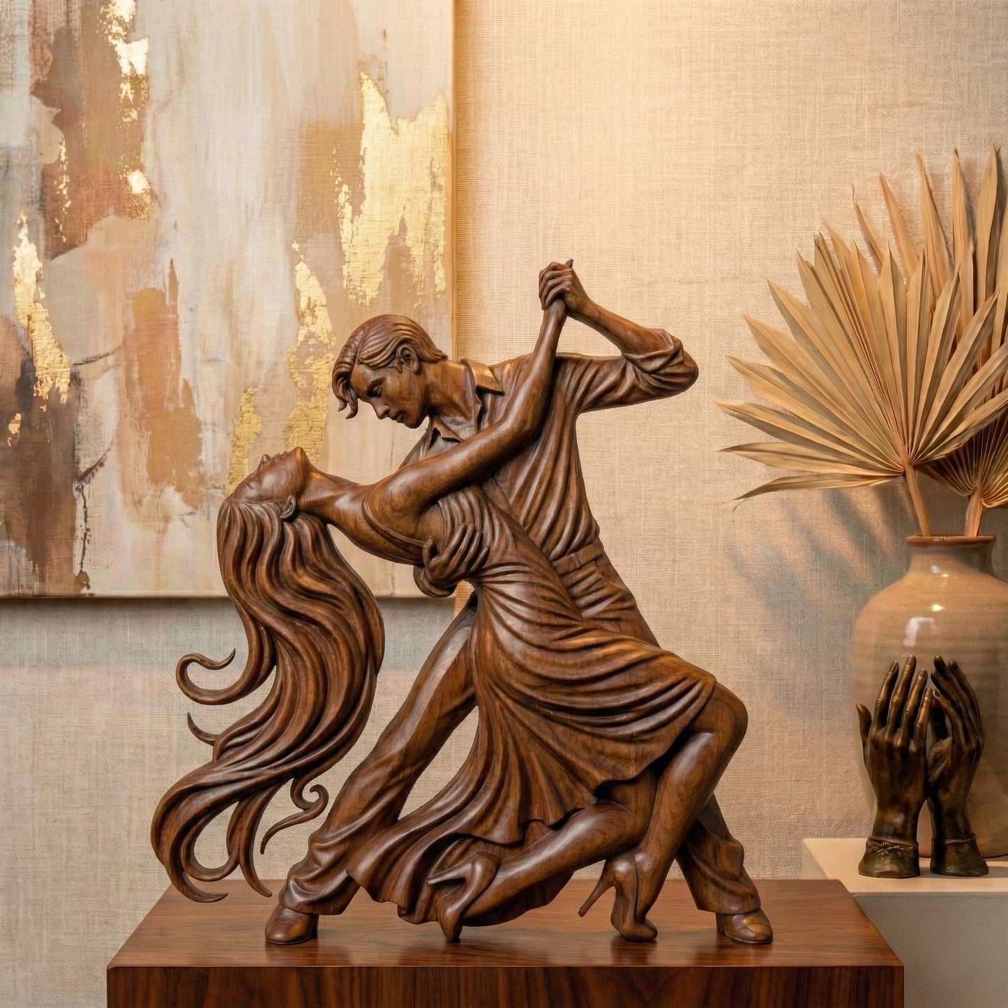 Elegant tango dance couple bas-relief depicting a passionate ballroom pose with flowing dress, intertwined movement, and expressive body language. Detailed sculpted relief designed for CNC carving, 3D printing, or wood engraving, featuring deep contours, smooth curves, and dramatic motion ideal for decorative wall art and artistic relief projects.
