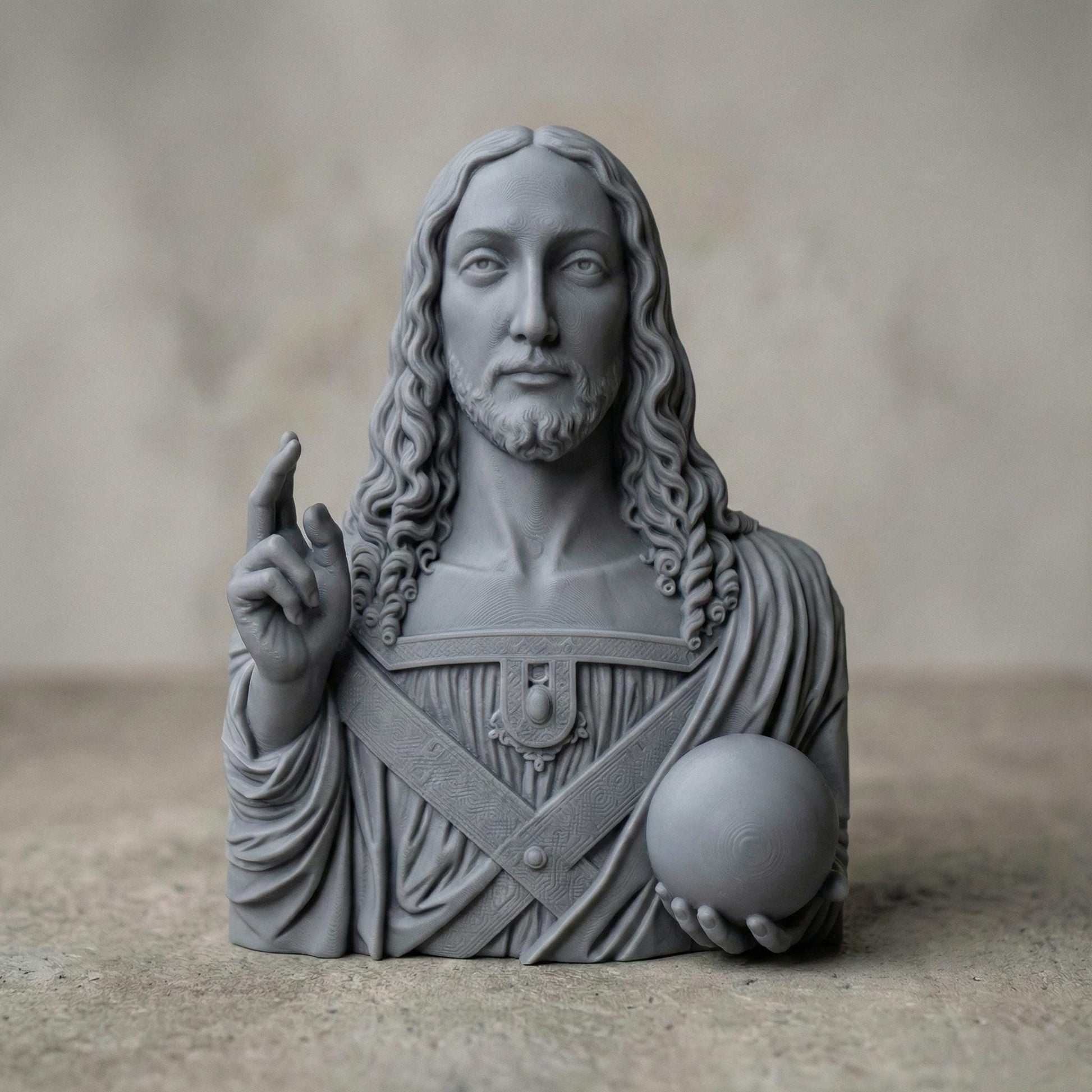 Salvator Mundi bas-relief depicting Jesus Christ holding a celestial orb and giving a blessing, inspired by Leonardo da Vinci’s iconic Renaissance masterpiece. Highly detailed sacred Christian wall art STL designed for CNC carving, wood engraving, or 3D printing, featuring classical proportions, serene expression, and refined sculptural depth for devotional and fine art projects.