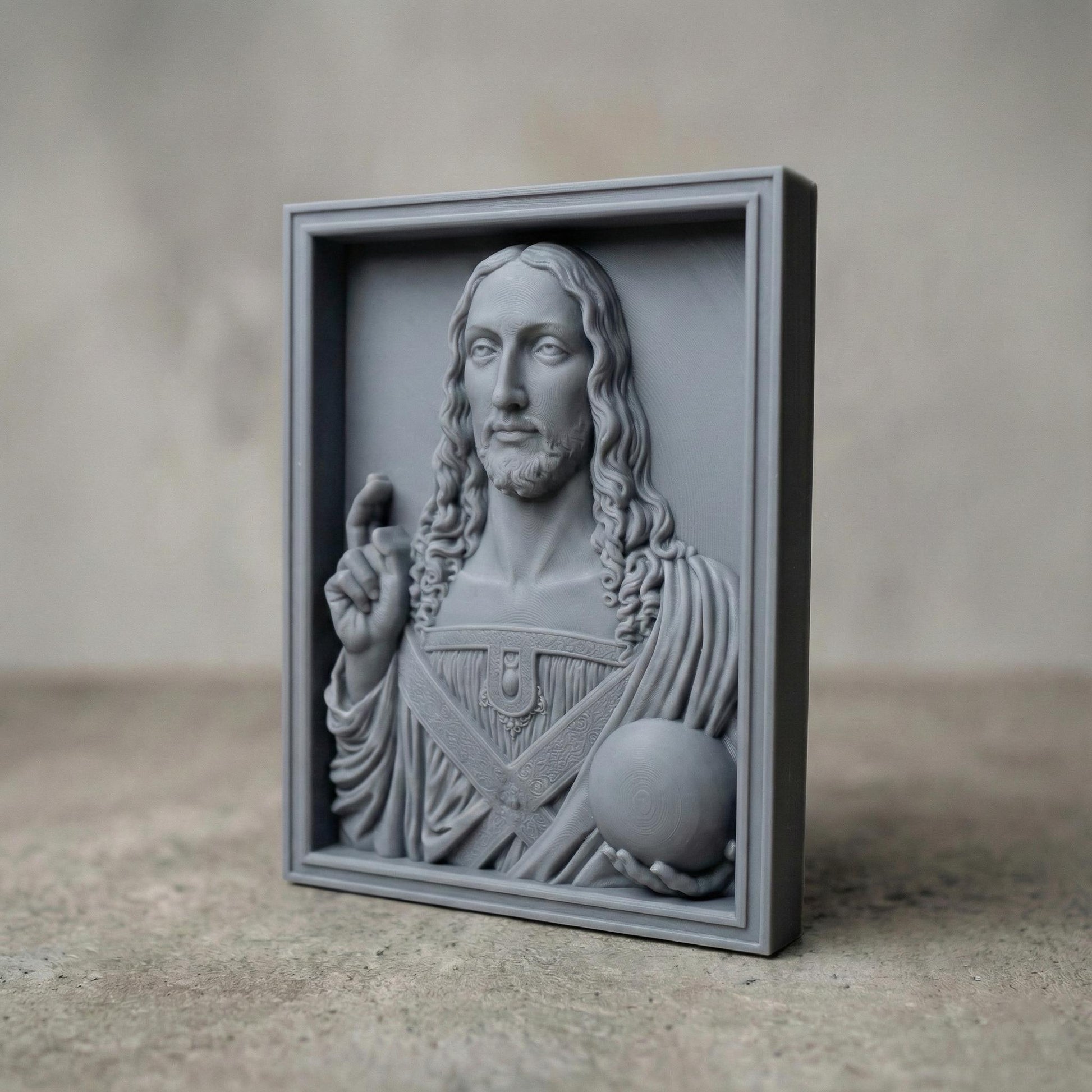 Salvator Mundi bas-relief depicting Jesus Christ holding a celestial orb and giving a blessing, inspired by Leonardo da Vinci’s iconic Renaissance masterpiece. Highly detailed sacred Christian wall art STL designed for CNC carving, wood engraving, or 3D printing, featuring classical proportions, serene expression, and refined sculptural depth for devotional and fine art projects.