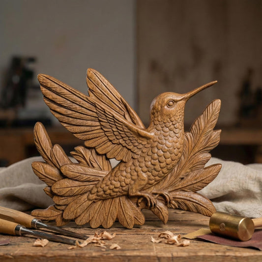 Detailed hummingbird bas relief with outstretched wings perched among layered botanical leaves, carved in a realistic wood-grain style. The bird features finely textured feathers, a long pointed beak, and natural flowing contours. The sculptural design evokes nature, tranquility, and handcrafted elegance, ideal for CNC carving, 3D printing, or decorative wall art panels.