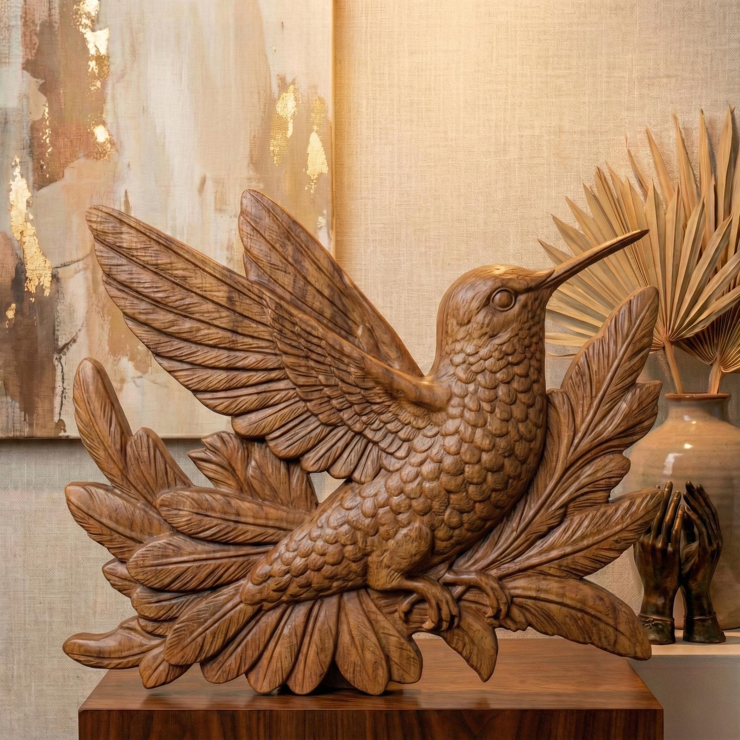 Detailed hummingbird bas relief with outstretched wings perched among layered botanical leaves, carved in a realistic wood-grain style. The bird features finely textured feathers, a long pointed beak, and natural flowing contours. The sculptural design evokes nature, tranquility, and handcrafted elegance, ideal for CNC carving, 3D printing, or decorative wall art panels.