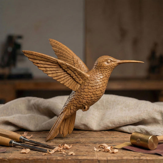 Realistic flying hummingbird 3D sculpture with wings fully extended and detailed layered feathers, captured mid-air in a natural hovering pose. The model features a long pointed beak, textured plumage, and smooth flowing contours suitable for freestanding display. Designed for CNC carving or 3D printing, this wildlife-inspired sculpture conveys motion, elegance, and nature realism.