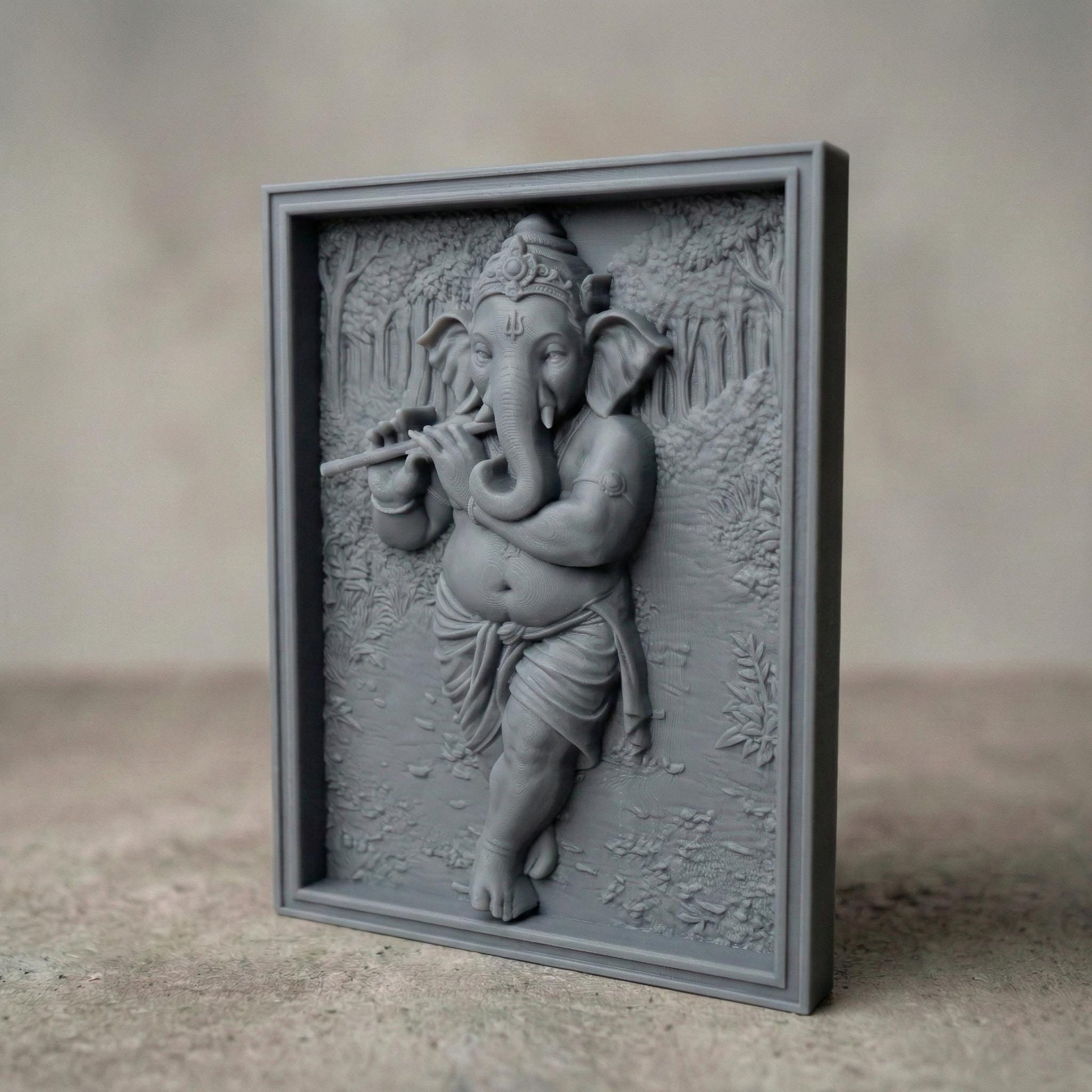 High-resolution 3D STL model of Lord Ganesha depicted in a seated posture, intricately designed for 3D printing, laser engraving, and CNC wood carving. This digital bas relief sculpture showcases fine details including traditional ornaments, headgear, and symbolic hand mudras. Ideal for creating spiritual wall panels, Hindu temple decor, or devotional gifts. Suitable for wood, resin, stone, or acrylic carving. Perfect for artisans, hobbyists, or religious décor creators.