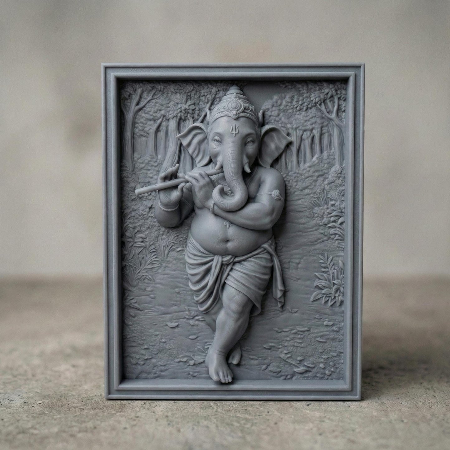 High-resolution 3D STL model of Lord Ganesha depicted in a seated posture, intricately designed for 3D printing, laser engraving, and CNC wood carving. This digital bas relief sculpture showcases fine details including traditional ornaments, headgear, and symbolic hand mudras. Ideal for creating spiritual wall panels, Hindu temple decor, or devotional gifts. Suitable for wood, resin, stone, or acrylic carving. Perfect for artisans, hobbyists, or religious décor creators.