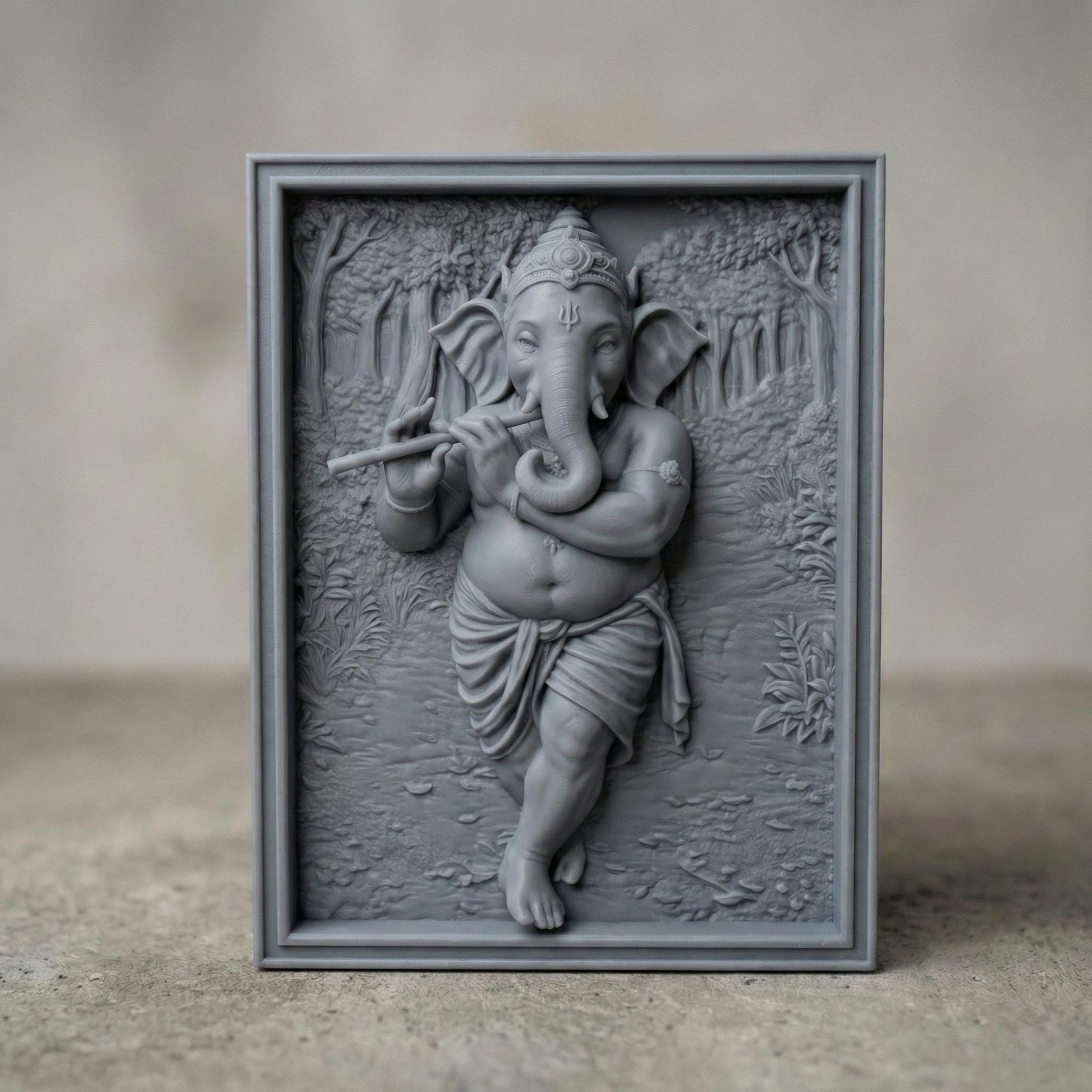 High-resolution 3D STL model of Lord Ganesha depicted in a seated posture, intricately designed for 3D printing, laser engraving, and CNC wood carving. This digital bas relief sculpture showcases fine details including traditional ornaments, headgear, and symbolic hand mudras. Ideal for creating spiritual wall panels, Hindu temple decor, or devotional gifts. Suitable for wood, resin, stone, or acrylic carving. Perfect for artisans, hobbyists, or religious décor creators.