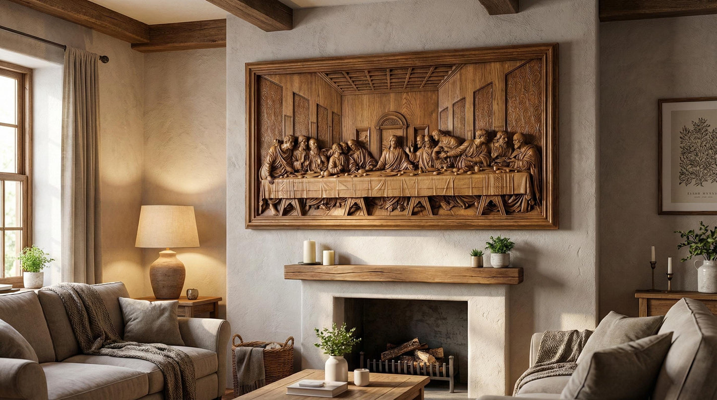 Highly detailed bas-relief depiction of the Last Supper featuring Jesus Christ seated at the center with the twelve apostles gathered around a long dining table inside a classical interior setting. The scene shows expressive gestures, flowing robes, textured walls, and architectural depth. Designed as a framed rectangular relief panel suitable for CNC carving, 3D printing, and church or home devotional wall décor.
