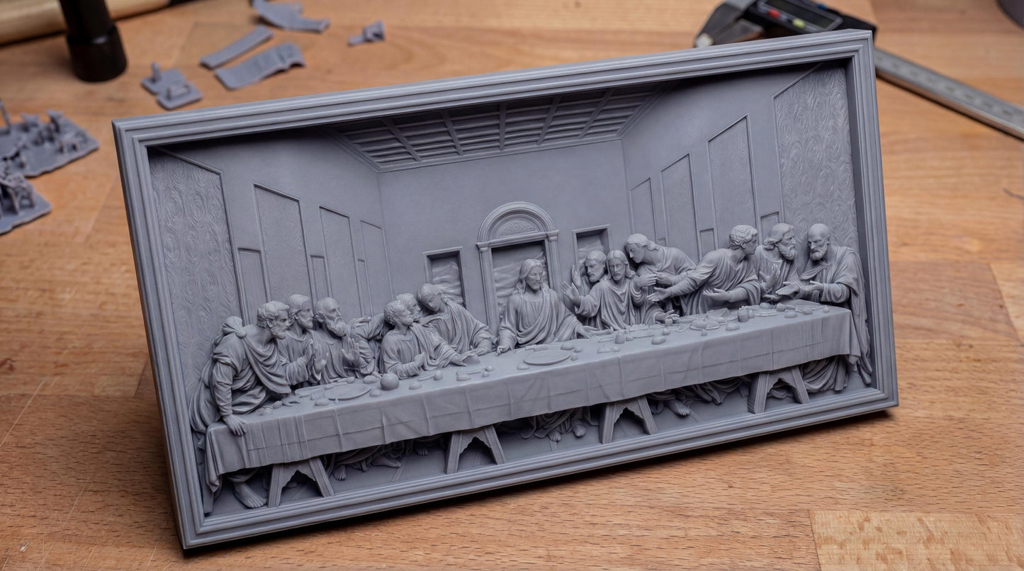 Highly detailed bas-relief depiction of the Last Supper featuring Jesus Christ seated at the center with the twelve apostles gathered around a long dining table inside a classical interior setting. The scene shows expressive gestures, flowing robes, textured walls, and architectural depth. Designed as a framed rectangular relief panel suitable for CNC carving, 3D printing, and church or home devotional wall décor.