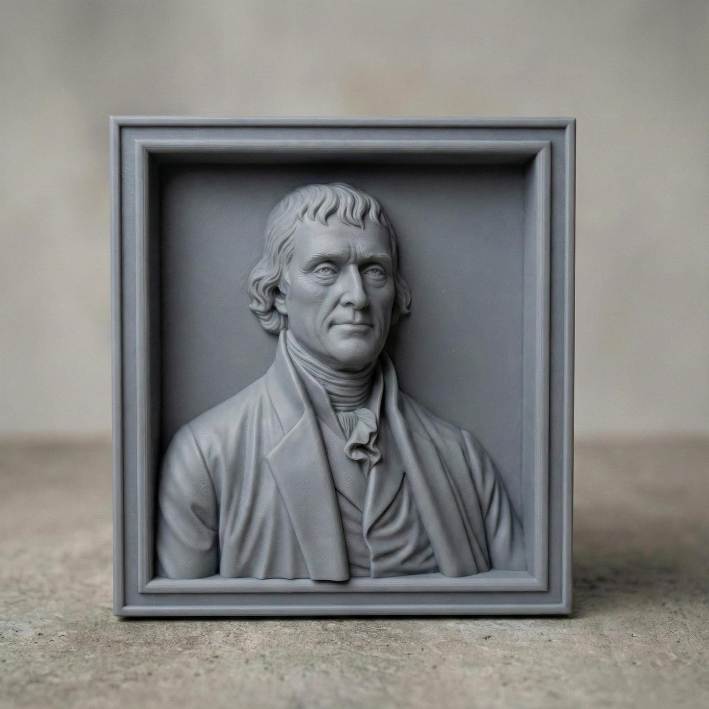 Highly detailed bas relief portrait of Thomas Jefferson carved in wood, framed in a classic square panel. The sculpture features refined facial contours, colonial-era clothing with cravat and coat, and natural wood grain texture enhancing depth and realism. Designed as a patriotic historical wall art piece ideal for CNC carving, 3D printing, and decorative relief projects.