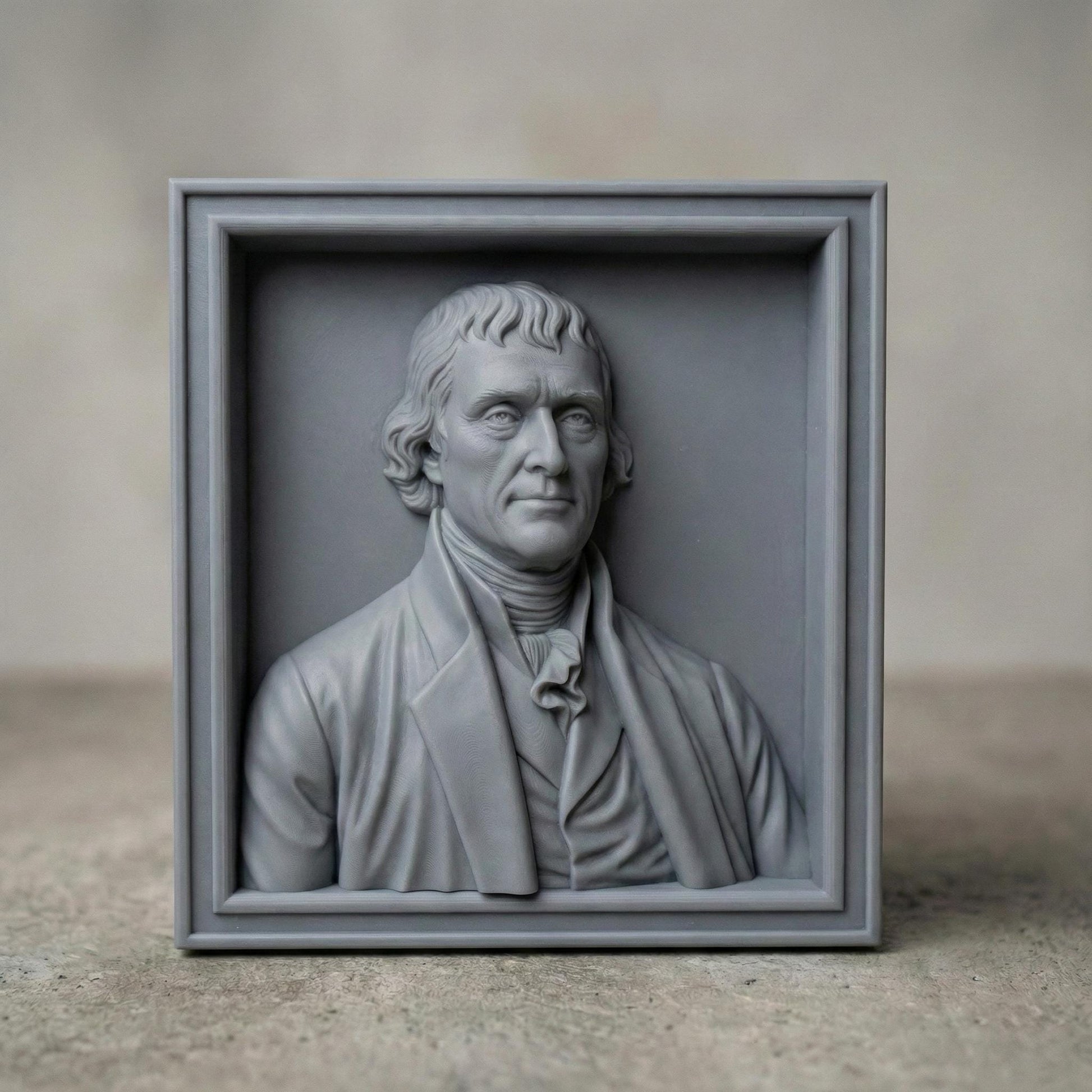 Highly detailed bas relief portrait of Thomas Jefferson carved in wood, framed in a classic square panel. The sculpture features refined facial contours, colonial-era clothing with cravat and coat, and natural wood grain texture enhancing depth and realism. Designed as a patriotic historical wall art piece ideal for CNC carving, 3D printing, and decorative relief projects.