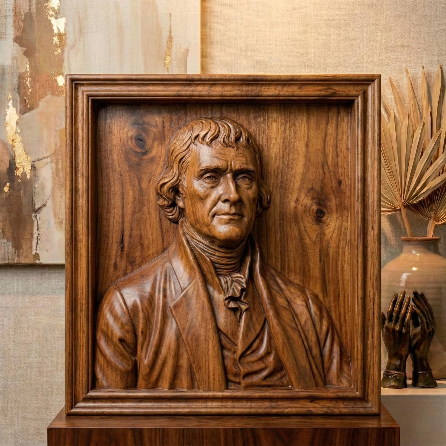Highly detailed bas relief portrait of Thomas Jefferson carved in wood, framed in a classic square panel. The sculpture features refined facial contours, colonial-era clothing with cravat and coat, and natural wood grain texture enhancing depth and realism. Designed as a patriotic historical wall art piece ideal for CNC carving, 3D printing, and decorative relief projects.