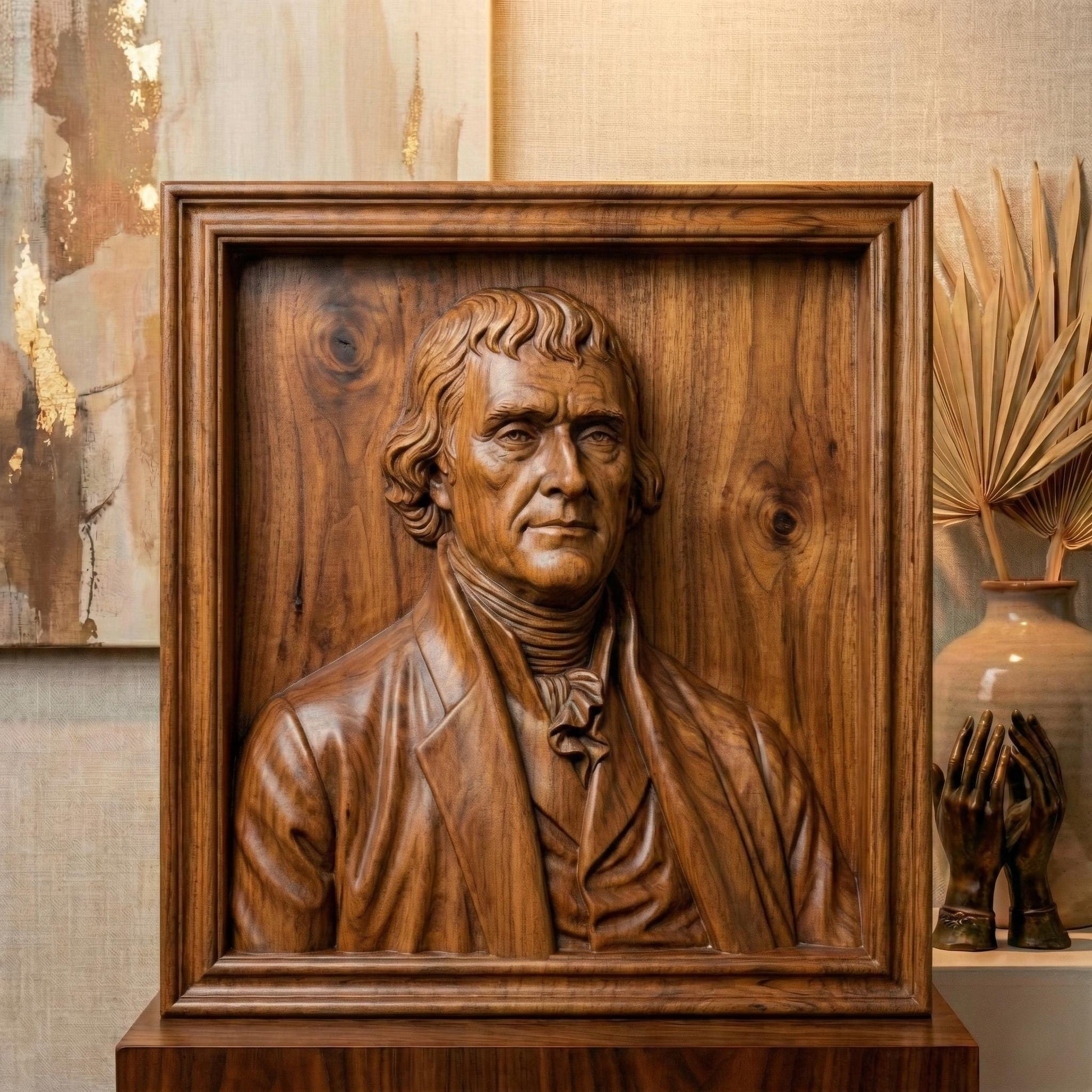 Highly detailed bas relief portrait of Thomas Jefferson carved in wood, framed in a classic square panel. The sculpture features refined facial contours, colonial-era clothing with cravat and coat, and natural wood grain texture enhancing depth and realism. Designed as a patriotic historical wall art piece ideal for CNC carving, 3D printing, and decorative relief projects.