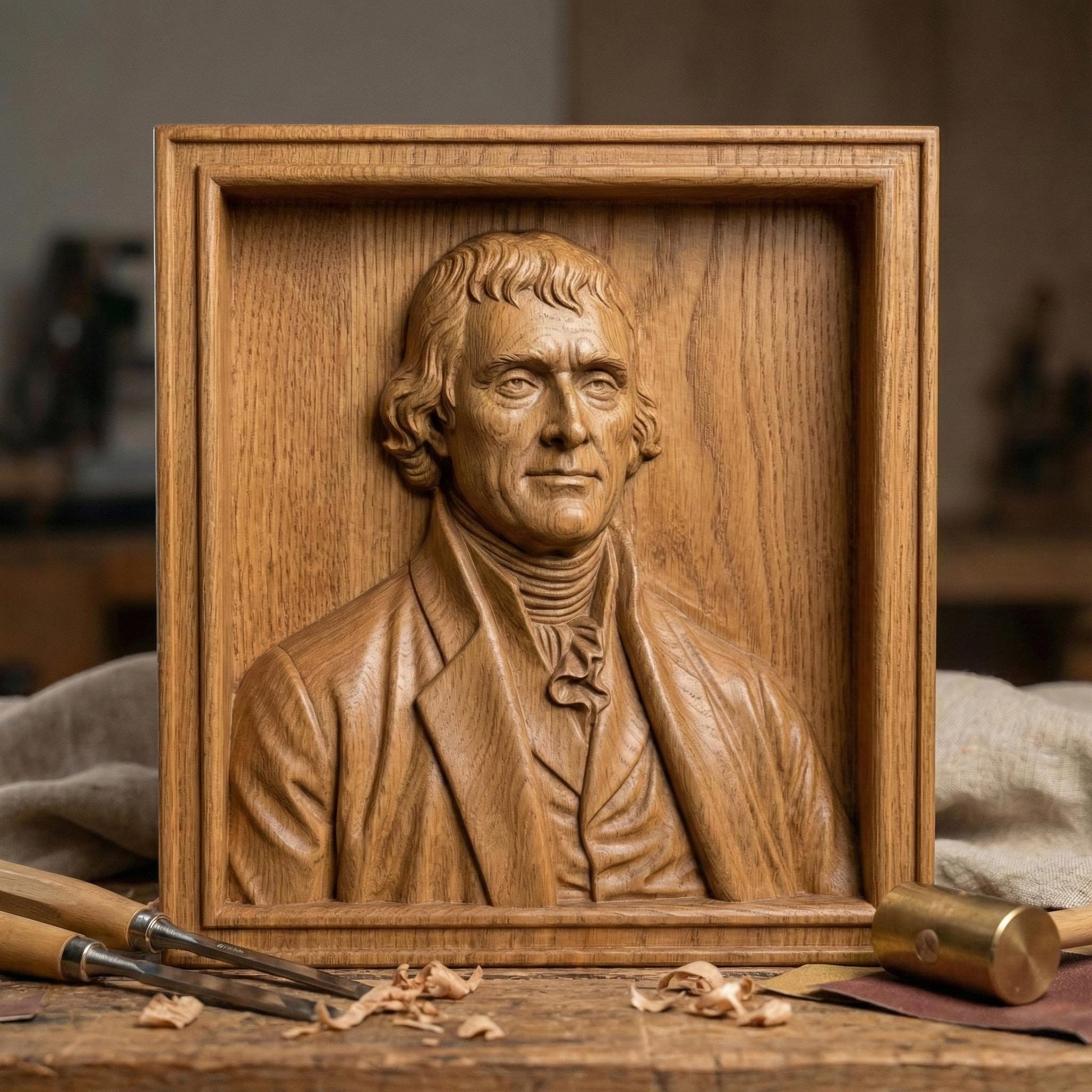 Highly detailed bas relief portrait of Thomas Jefferson carved in wood, framed in a classic square panel. The sculpture features refined facial contours, colonial-era clothing with cravat and coat, and natural wood grain texture enhancing depth and realism. Designed as a patriotic historical wall art piece ideal for CNC carving, 3D printing, and decorative relief projects.