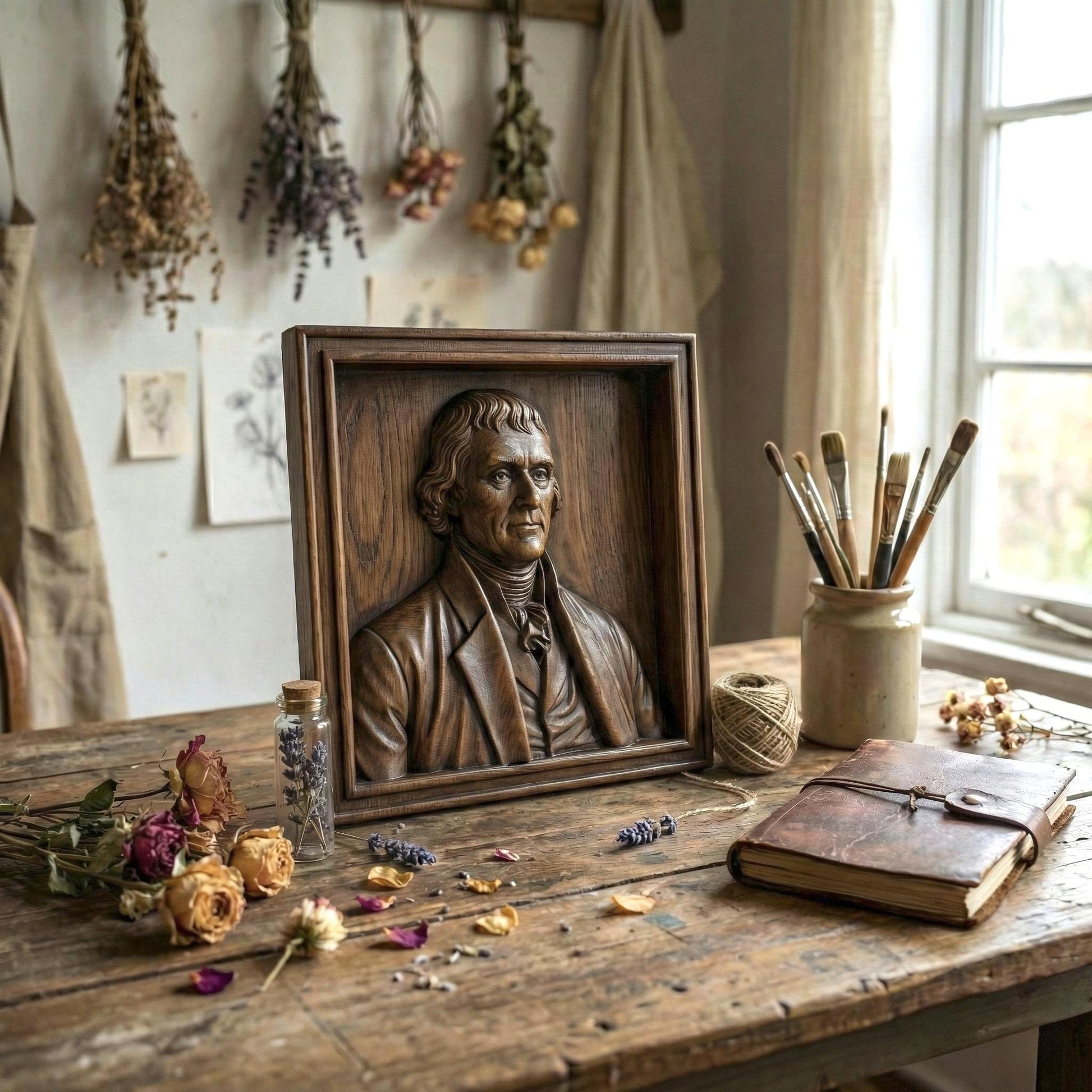 Highly detailed bas relief portrait of Thomas Jefferson carved in wood, framed in a classic square panel. The sculpture features refined facial contours, colonial-era clothing with cravat and coat, and natural wood grain texture enhancing depth and realism. Designed as a patriotic historical wall art piece ideal for CNC carving, 3D printing, and decorative relief projects.