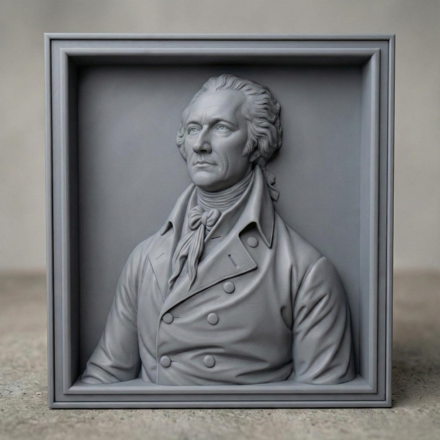 Highly detailed 3D bas-relief portrait of Alexander Hamilton carved in rich wood texture, featuring an 18th-century formal coat with double-breasted buttons and cravat. The bust is framed in a classic wooden border, emphasizing depth, realism, and historical elegance. The sculpture captures a dignified expression and refined facial features, ideal for patriotic home decor, office wall art, or historical display projects.
