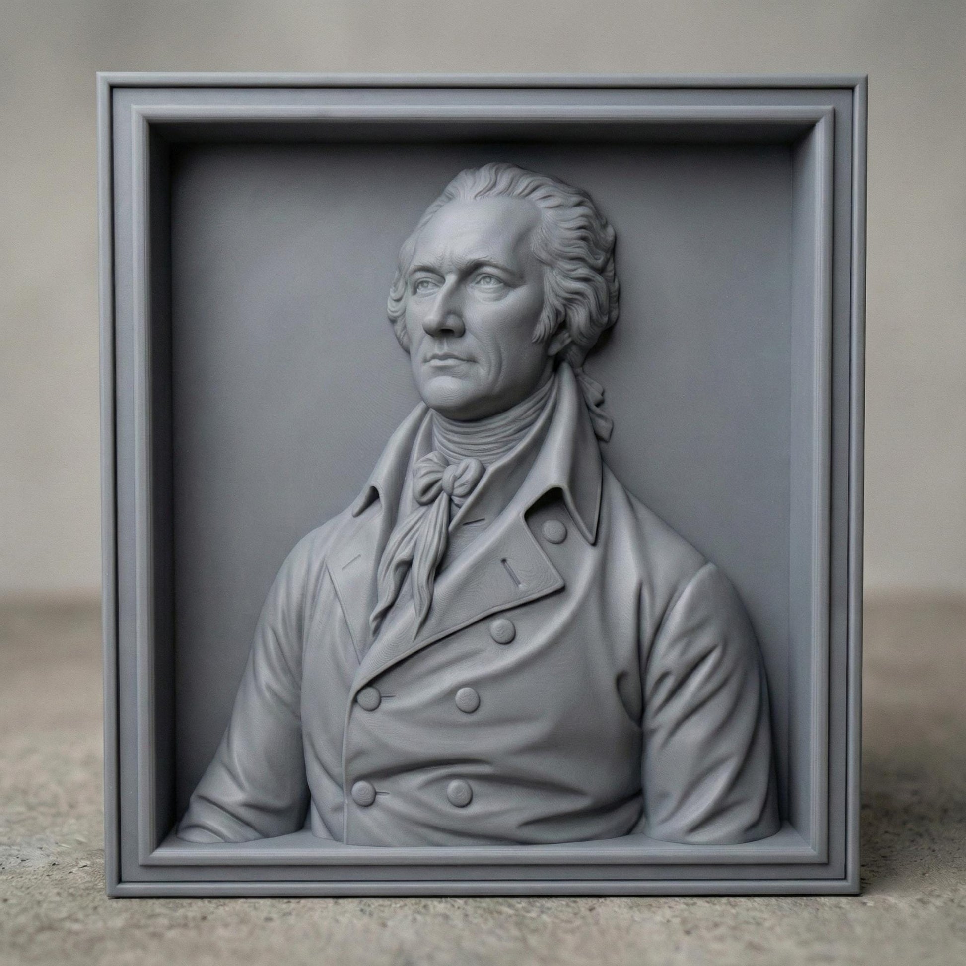 Highly detailed 3D bas-relief portrait of Alexander Hamilton carved in rich wood texture, featuring an 18th-century formal coat with double-breasted buttons and cravat. The bust is framed in a classic wooden border, emphasizing depth, realism, and historical elegance. The sculpture captures a dignified expression and refined facial features, ideal for patriotic home decor, office wall art, or historical display projects.