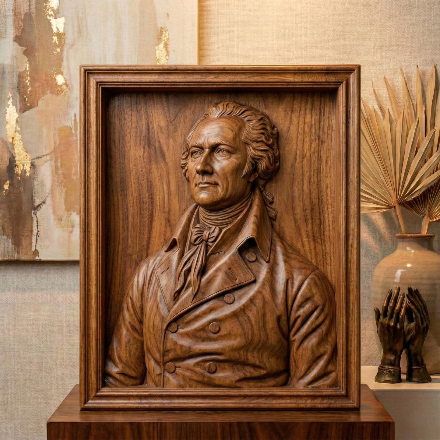 Highly detailed 3D bas-relief portrait of Alexander Hamilton carved in rich wood texture, featuring an 18th-century formal coat with double-breasted buttons and cravat. The bust is framed in a classic wooden border, emphasizing depth, realism, and historical elegance. The sculpture captures a dignified expression and refined facial features, ideal for patriotic home decor, office wall art, or historical display projects.