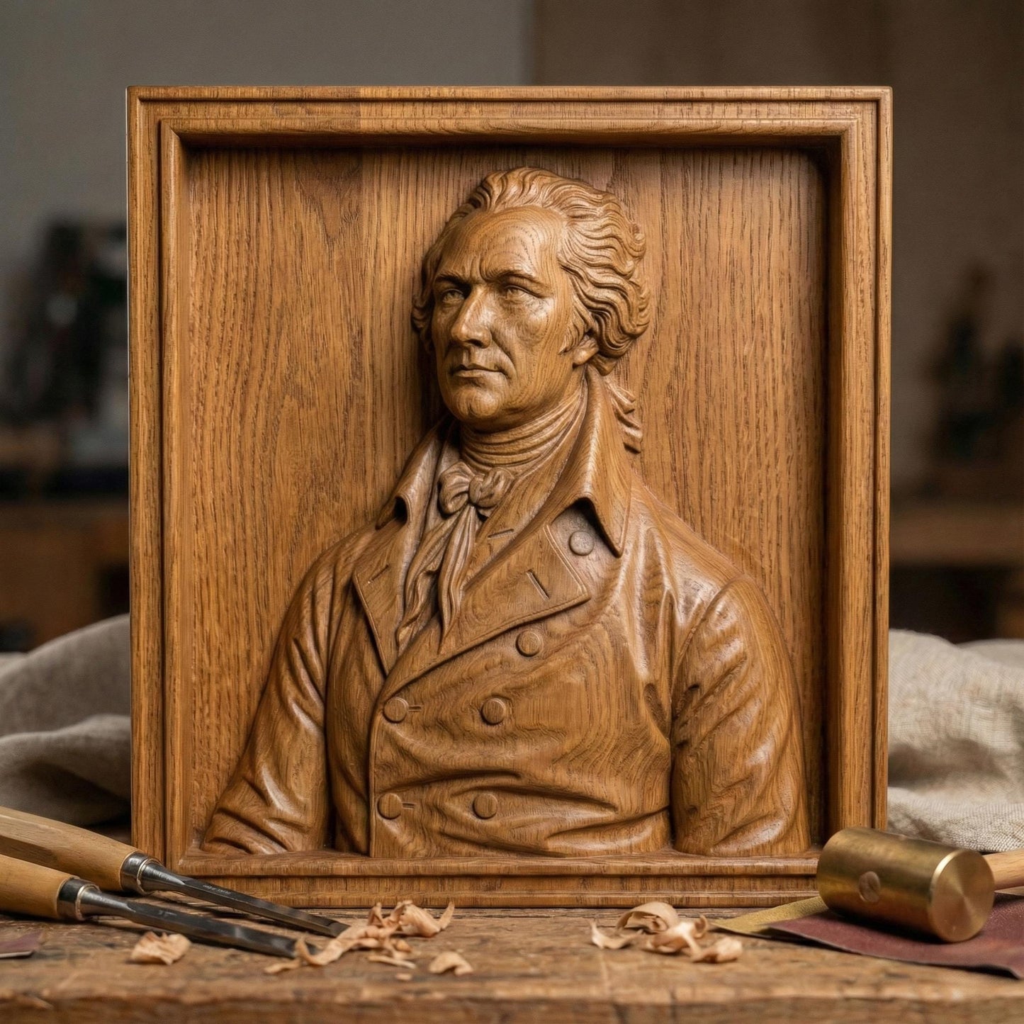 Highly detailed 3D bas-relief portrait of Alexander Hamilton carved in rich wood texture, featuring an 18th-century formal coat with double-breasted buttons and cravat. The bust is framed in a classic wooden border, emphasizing depth, realism, and historical elegance. The sculpture captures a dignified expression and refined facial features, ideal for patriotic home decor, office wall art, or historical display projects.